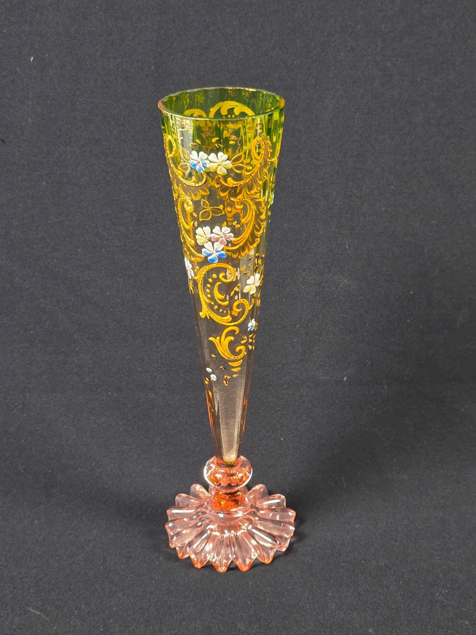 Painted Floral Glass Vase: 3-1/4" wide x 11-1/4" high.