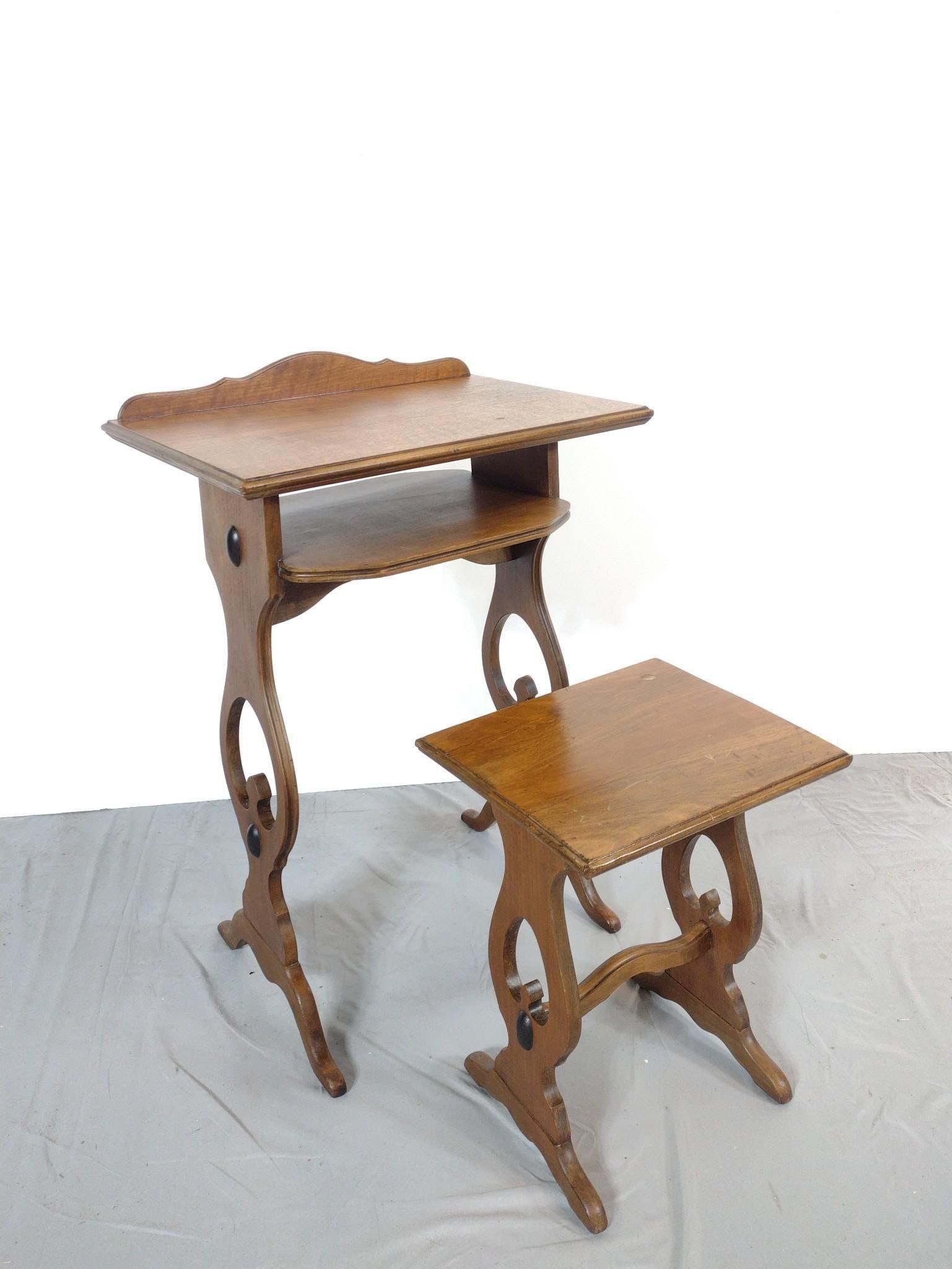 Telephone Table With Stool: NOT ELIGIBLE FOR IN-HOUSE SHIPPING. Table 20" wide X 14" deep X 30" high. Stool 13" wide X 11" deep X 17" high. Both have some light scratches.