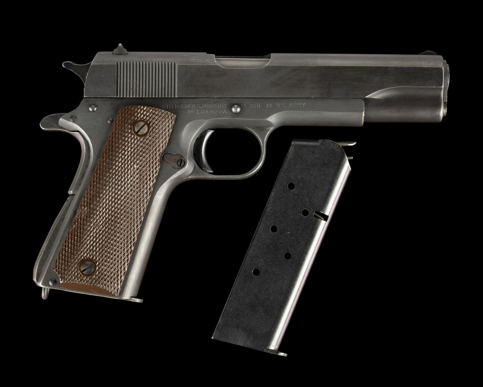 U.S. Pistol M 1911A1 Mfg. by U.S.& S, Caliber .45ACP: Serial Number: 1048274 Design: Here we have a scarce .45 pistol from WWII. U.S.& S (Union Switch and Signal Co. of Swissvale, PA) manufactured only 55,000 pistols for the government during the war. In