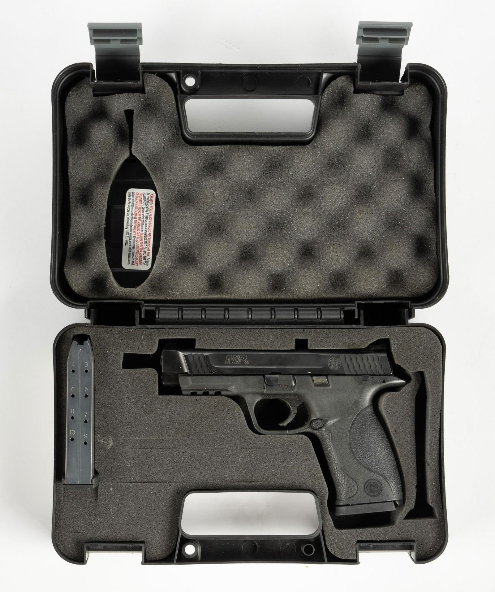 Smith & Wesson M&P 45 Semi Auto Pistol, Caliber .45ACP: Serial Number: HUK5103 Design: The S&W M&P 45 is a striker fired semi automatic pistol with a 4 1/2" barrel in caliber .45ACP. Magazine capacity is 10 rounds. Matte black upper and black polymer lower