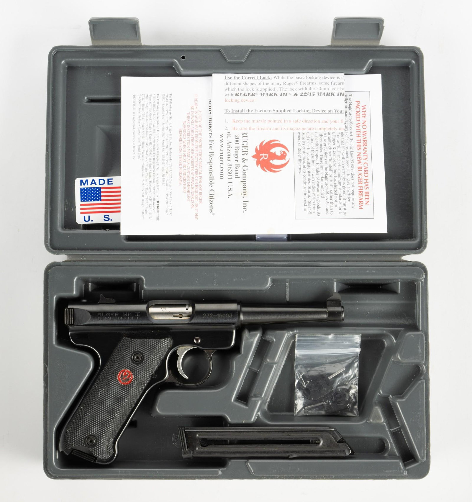 Ruger Mark III Semi Auto Pistol, Caliber .22lr: Serial Number: 272-15003 Design: This item is a contemporary version of the classic Ruger design. It has a 4 3/4" barrel and is of blued steel construction. Magazine capacity is 10 rounds of .22 long 