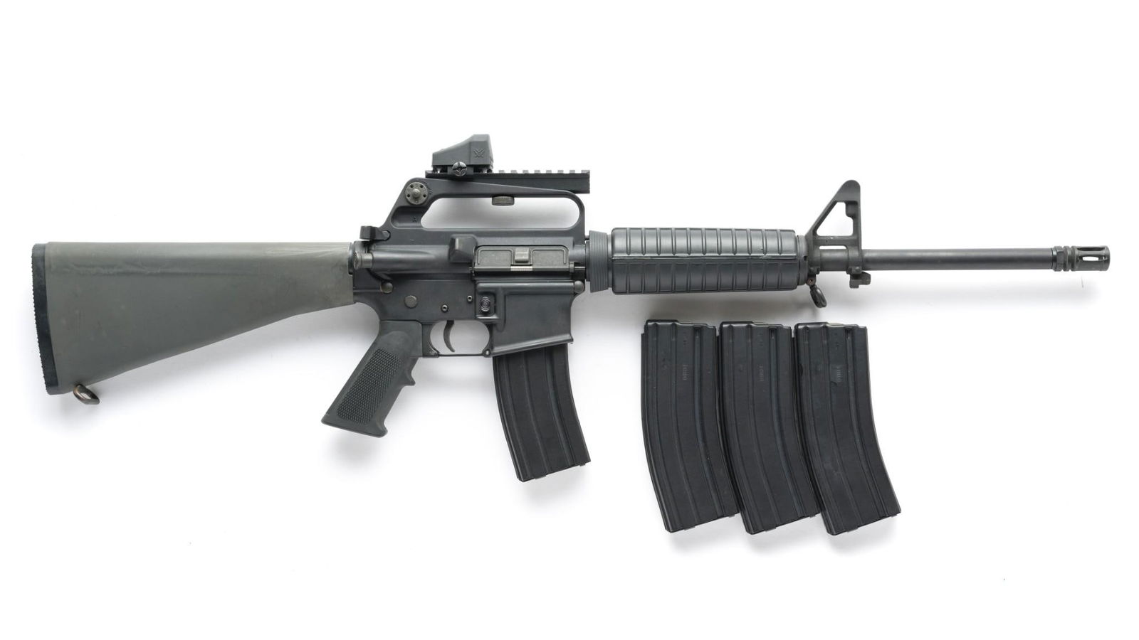 Olympic Arms Model M.F.R. (AR15 style) Semi Auto Rifle, Caliber 5.56 NATO: Serial Number: TB9883 Design: The Olympic Arms M.F.R. is an AR15 style semi automatic rifle now set up for the 5.56 NATO round. 16" button rifled barrel w/ compensator, 1/9 twist. This example has a f