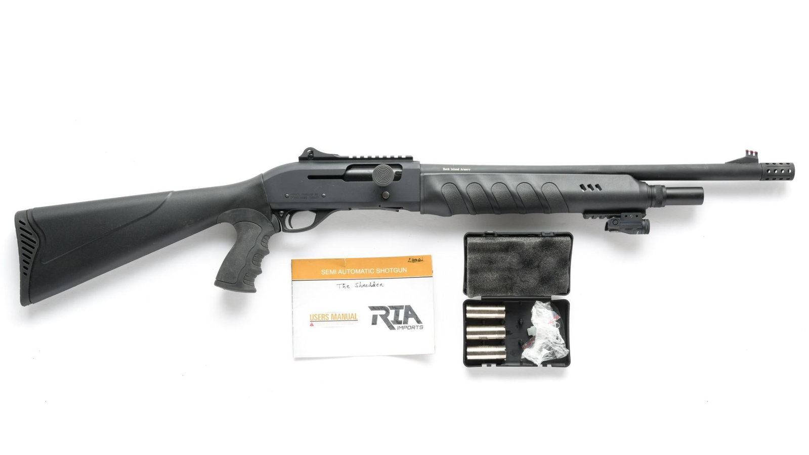 Rock Island Armory Tactical Semi Auto Shotgun, 12 Gauge: Serial Number: R292380 Design: This tactical shotgun is marked "RIA Imports" on the left of the receiver. It was made in Turkey by Derya Arms and is so marked on the right. Matte black finish on metal