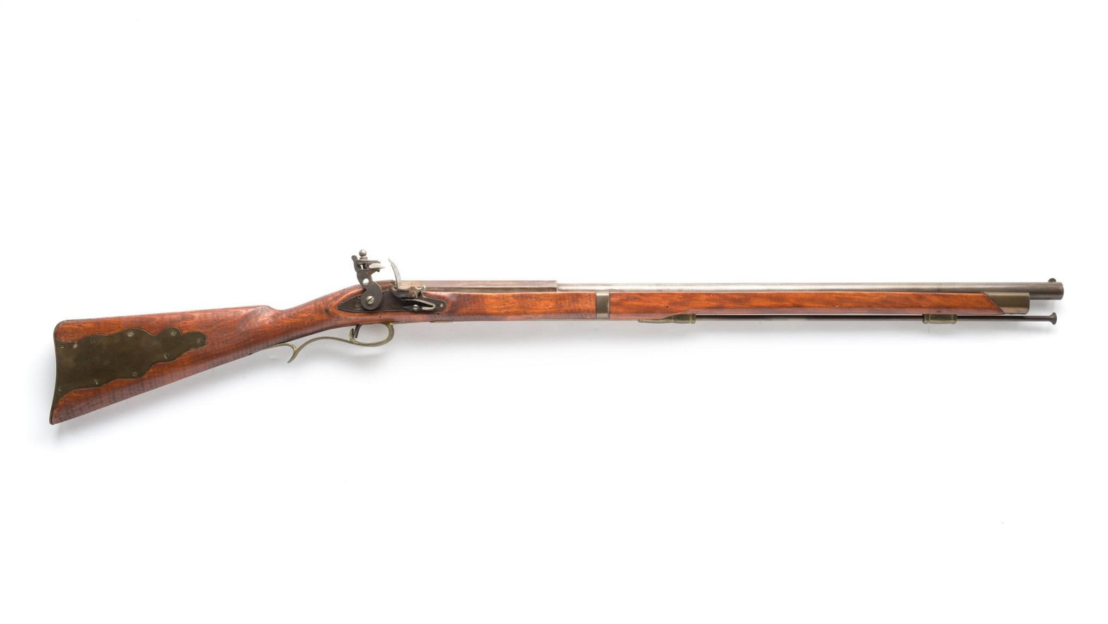 "No Name' Flintlock Rifle, (Probably Homemade), Caliber about 16 ga.: Serial Number: NSN Design: This oddity is a flint lock smooth barrel muzzle loader with an octagon-to-round barrel 32 1/2" in total length. The front 24 1/2" is round then there is a pronounced step t
