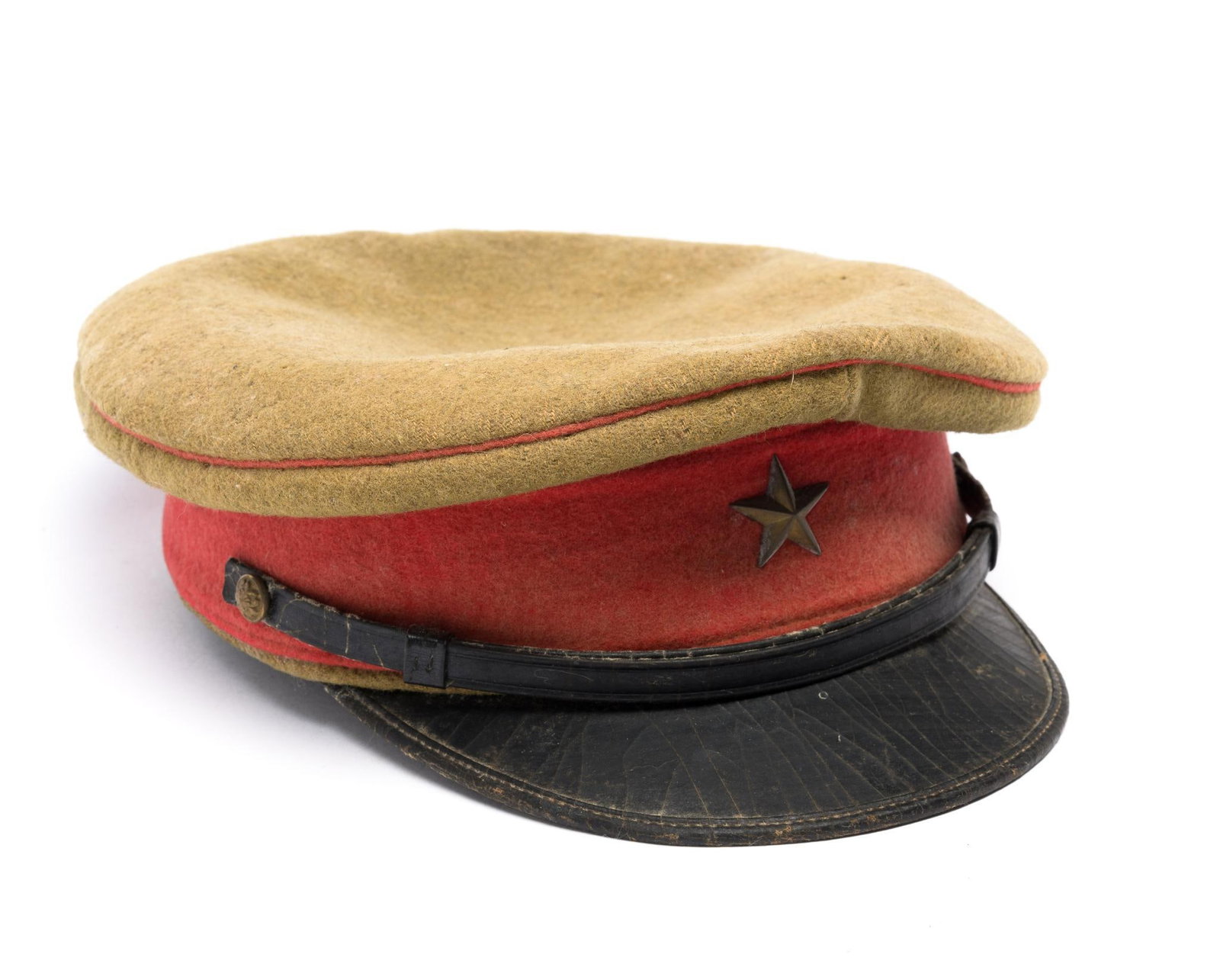Japanese WWII Army Officer Peaked Cap: DESCRIPTION: Red band and piping on an O.D. polished cotton body. Gold star affixed to front. Black leater visor and chinstrap. Marked lining. MEASUREMENTS: Inside deminsion 6-1/2" wide x 7-1/4" long.