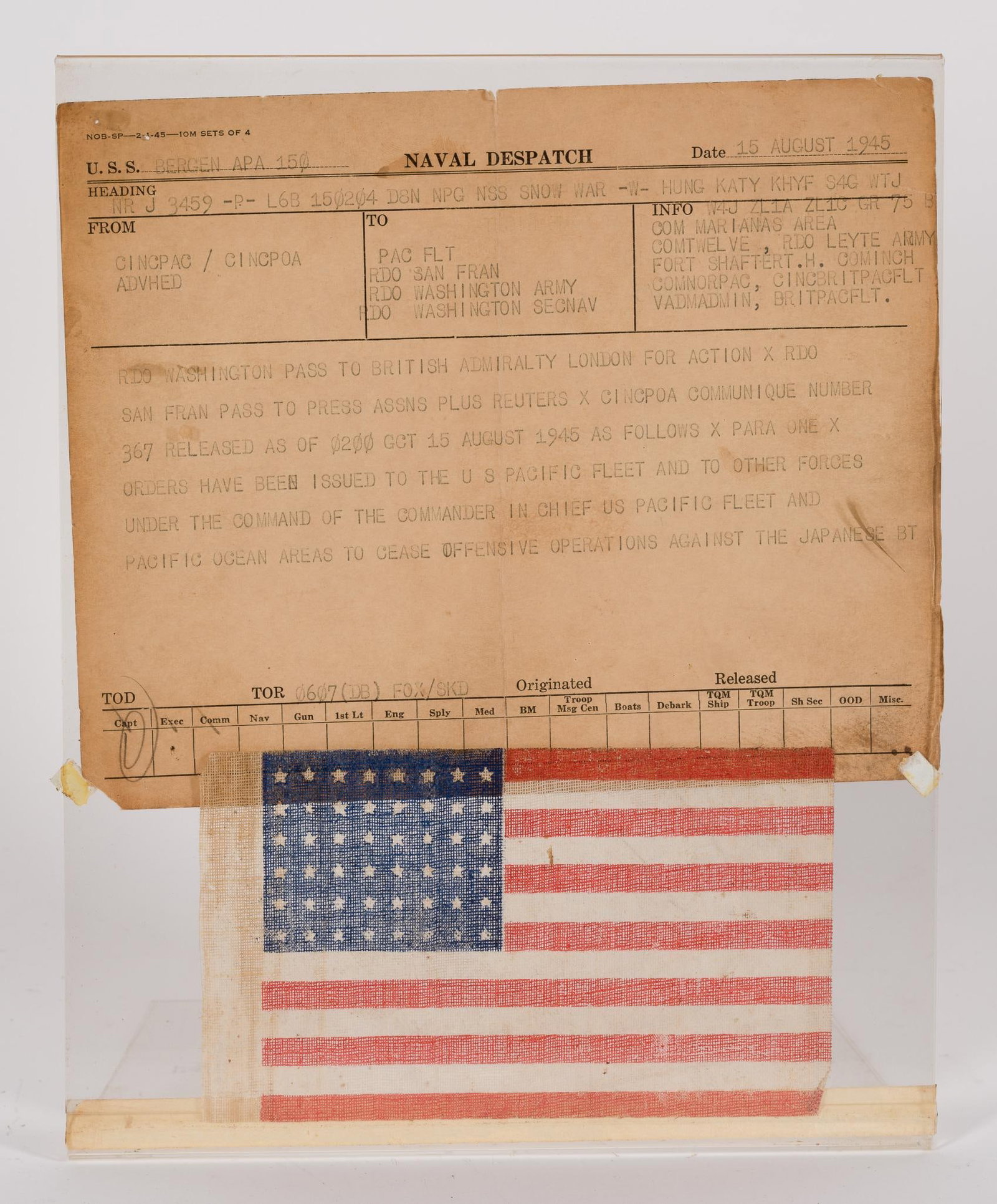 USS Bergen Naval Dispatch Announcing End of World War II [Dated August 16, 1945]: DESCRIPTION: The USS Bergen was launched in the U.S. Navy between 1944 and 1946, and was stationed in the Pacific Theater for most of her World War II career. She decommissioned in 1946 in Virginia. S