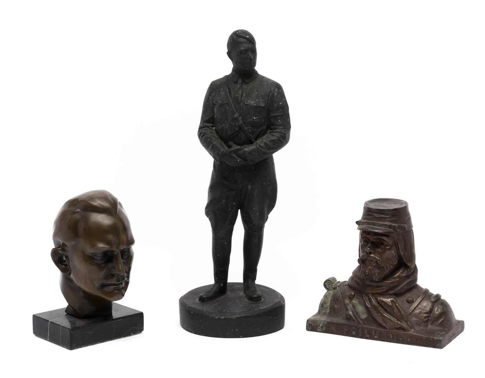 WWII Statuary Includes Goering Bronze And WWI Inkwell: DESCRIPTION: Inkwell in spelter with bronze patina titled "A Soldier 1914 1916". 5" height. German bronze Hermann Goering bust 5 1/2" height includes marble base. Also a third statue 11 1/2" height no
