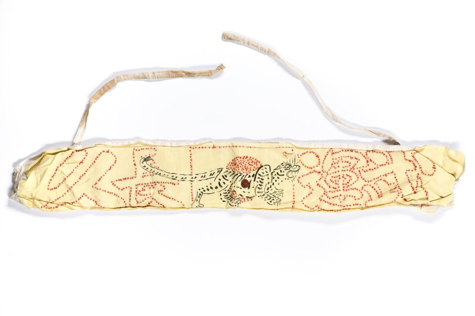 WWII Japanese Sennibari Belt: DESCRIPTION: Also known as the thousand stitch belt. During WWII the family of a Japanese serviceman would stand on the street and ask passerbys to stitch, one of a thousand, into a belt made of cotto