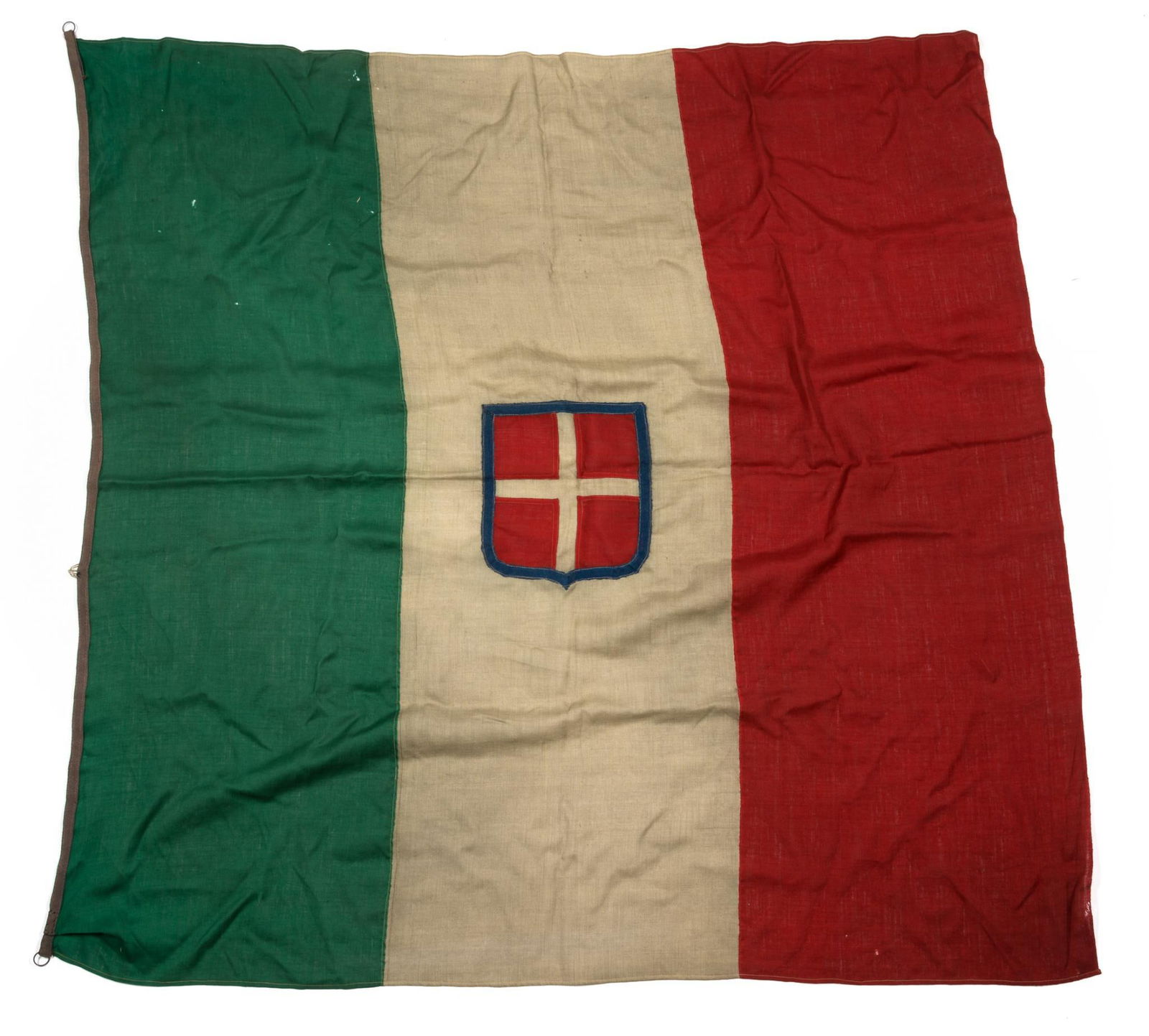 WWII Italian Flag c. 1930s: DESCRIPTION: Green, red, and white tricolor flag. Emblem of the former Kingdom of Sardinia. This design was used from 1861 to 1946 by the Kingdom of Italy. MEASUREMENT: 5' wide. CONDITION: Small holes