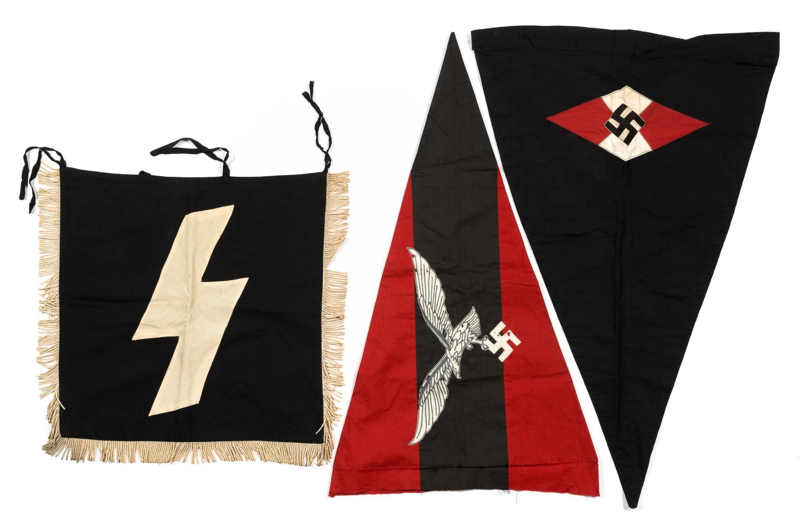 3 WWII German Flags/Banners: DESCRIPTION: (1) Hitler Youth trumpet banner. The Hitler Youth was the youth organization of the Nazi Party in Germany. (2) Luftwaffe pennant flag. The Luftwaffe was the German air force during World 