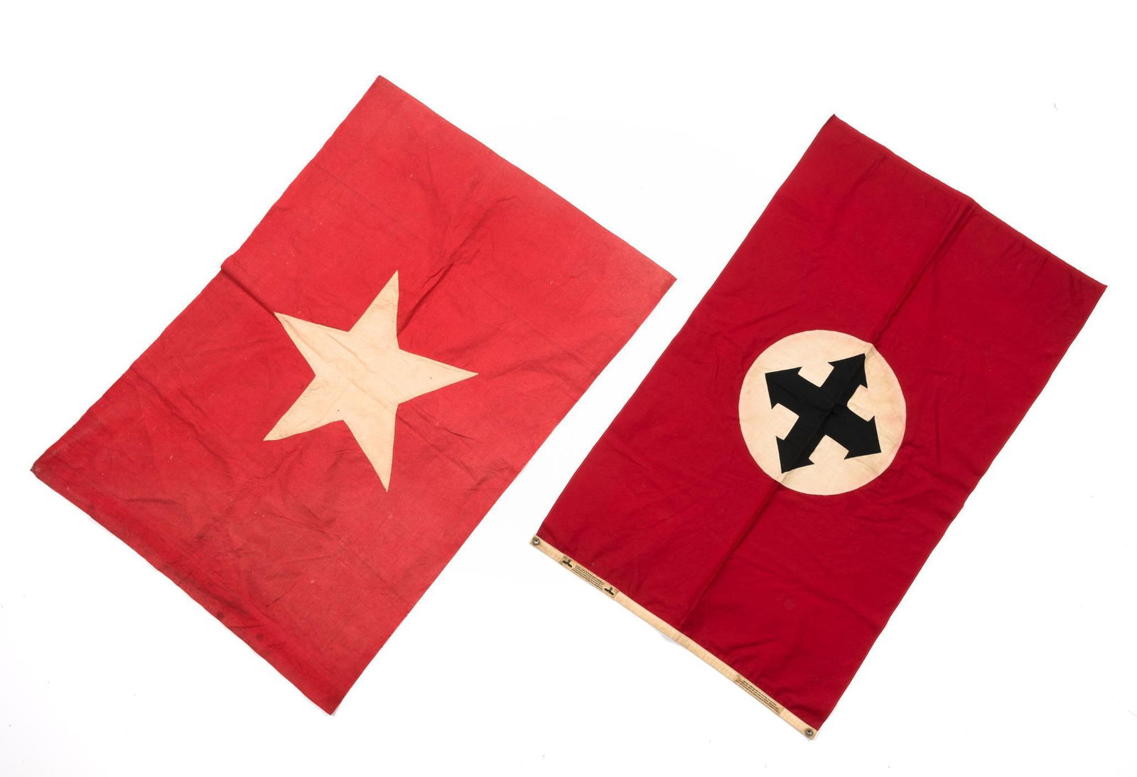 2 Military Flags: DESCRIPTION: (1) WWII Hungarian SS Volunteer Podium Flag. With two tags on the side one in German and one in Hungarian. (2) Vietnam's flag. Vietnamese People's Army. MEASUREMENT: 3' to 6" to 3' 7" wid