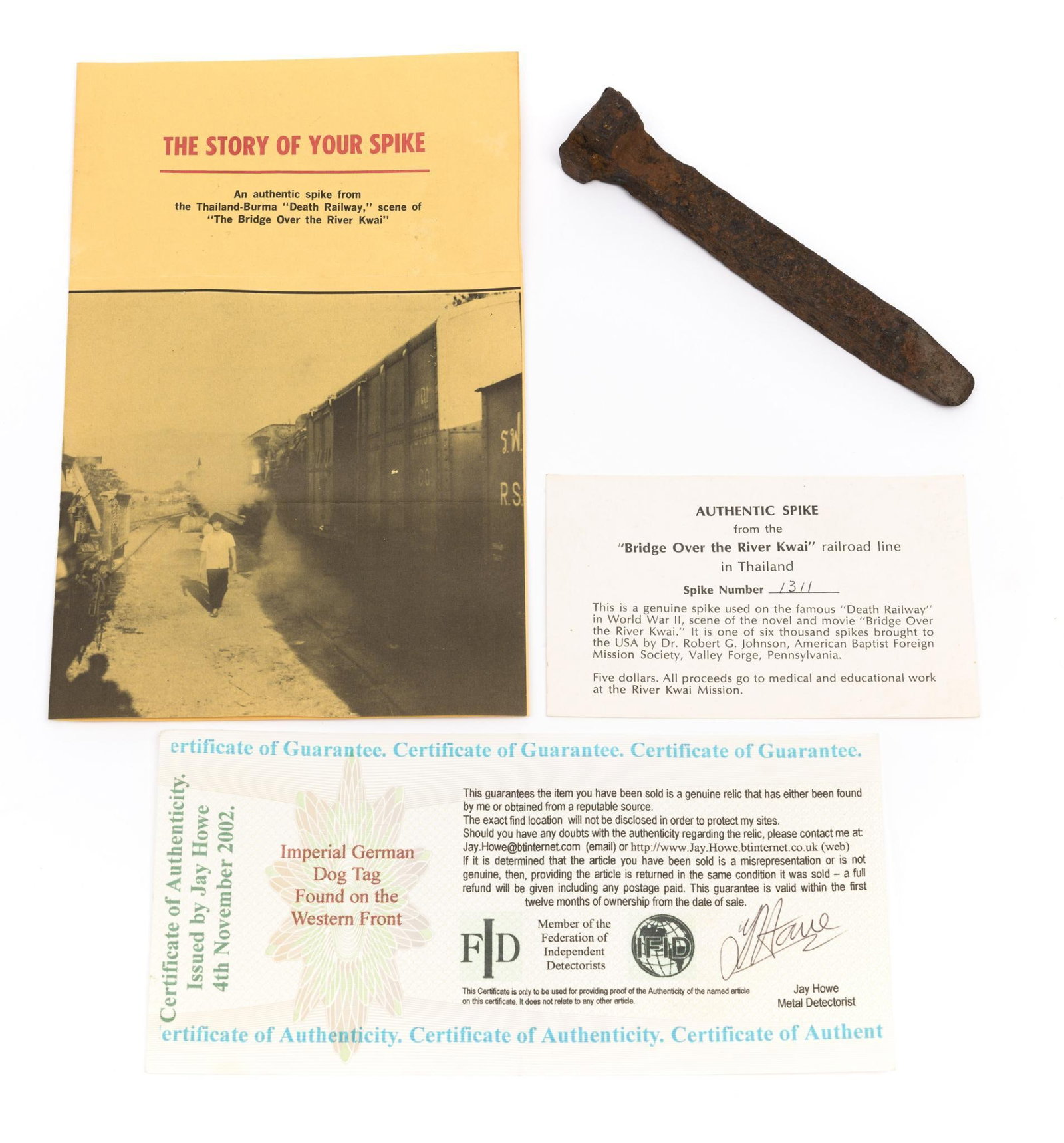 Thailand Burma Railway Spike: 6" length rail spike with paperwork.
