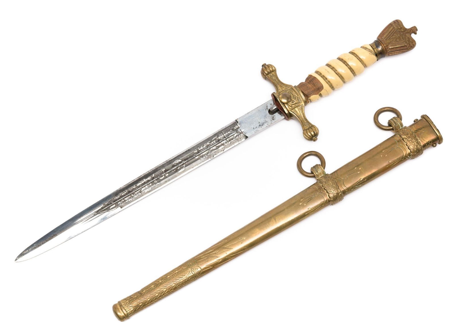WWII German Naval Officers Dagger w/ Scabbard: DESCRIPTION: Eagle with swastika pommel with resin handle. Decorated scabbard with push button release. Blade engraved with anchor. Blade marked with Carl Eickhorn. MEASUREMENT: Overall with scabbard