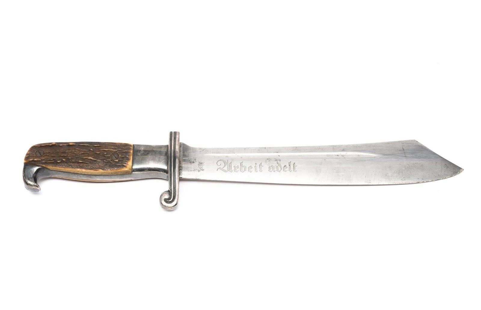 WWII German RAD Dagger: DESCRIPTION: Blade marked Carl Julkrebs Solingen on back front marked Arbei Adelt. MEASUREMENT: Overall 15" long. CONDITION: Scratching and wear to blade.