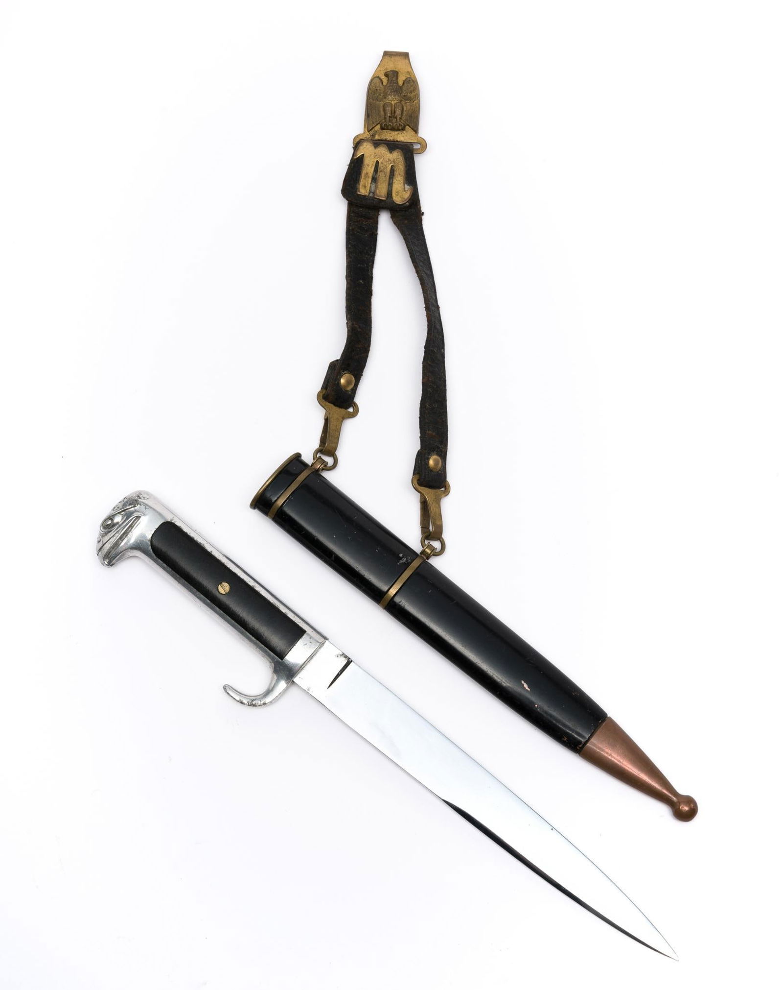 WWII Italian Officer Dagger w/ Scabbard: DESCRIPTION: Aluminum hilt with hooked quillion and eagle head pommel. No marks on blade. MEASUREMENT: Overall with scabbard 13-1/2" long. CONDITION: Scratching and finish loss to scabbard.