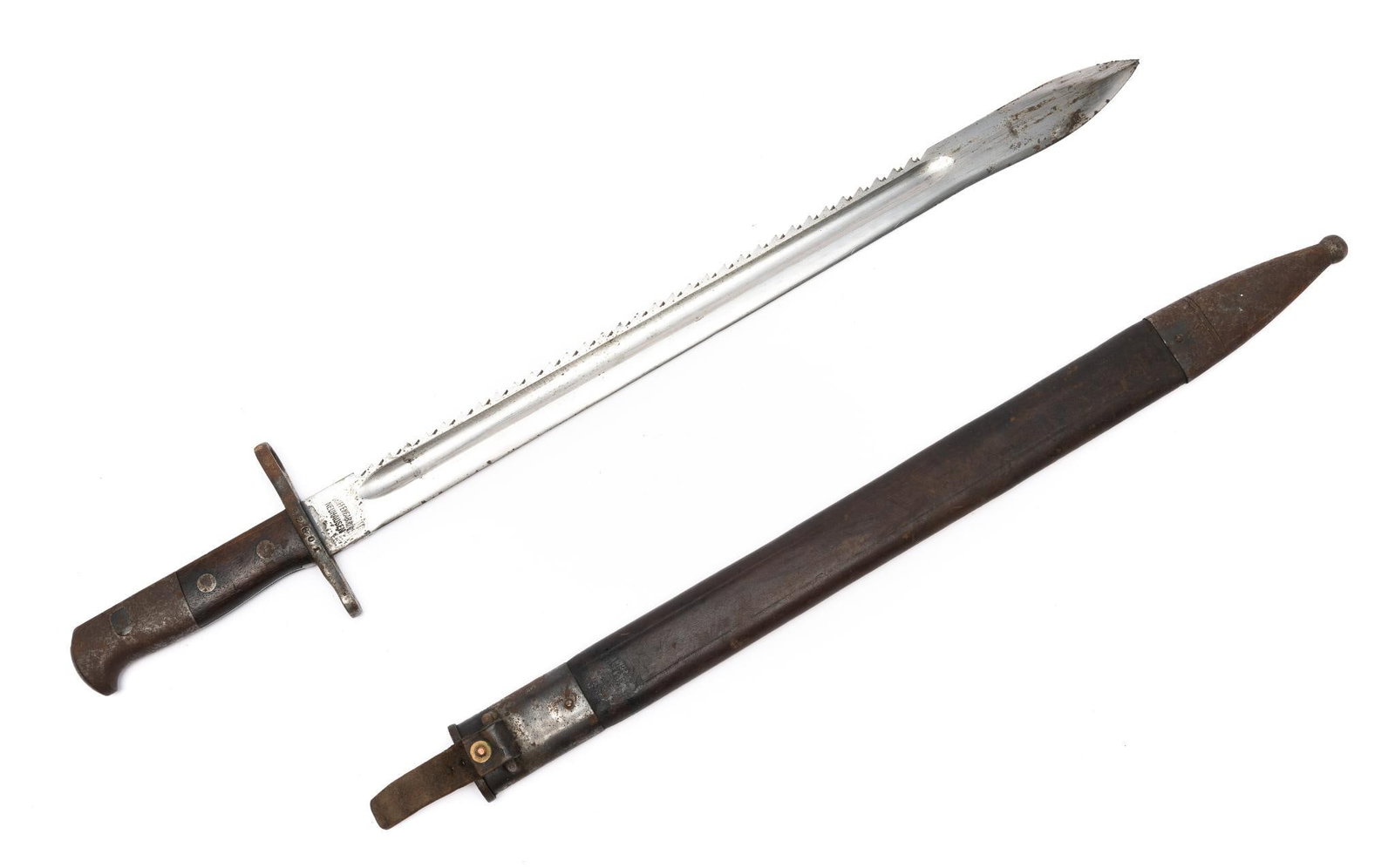 WWI Era German Made Turkish Bayonet Sawback w/ Scabbard: DESCRIPTION: Blade marked Waffenfabrik Neuhausen. Hilt marked 92601. MEASUREMENTS: Overall with scabbard 24-3/4" long. CONDITION: Rust on pommel and scabbard.