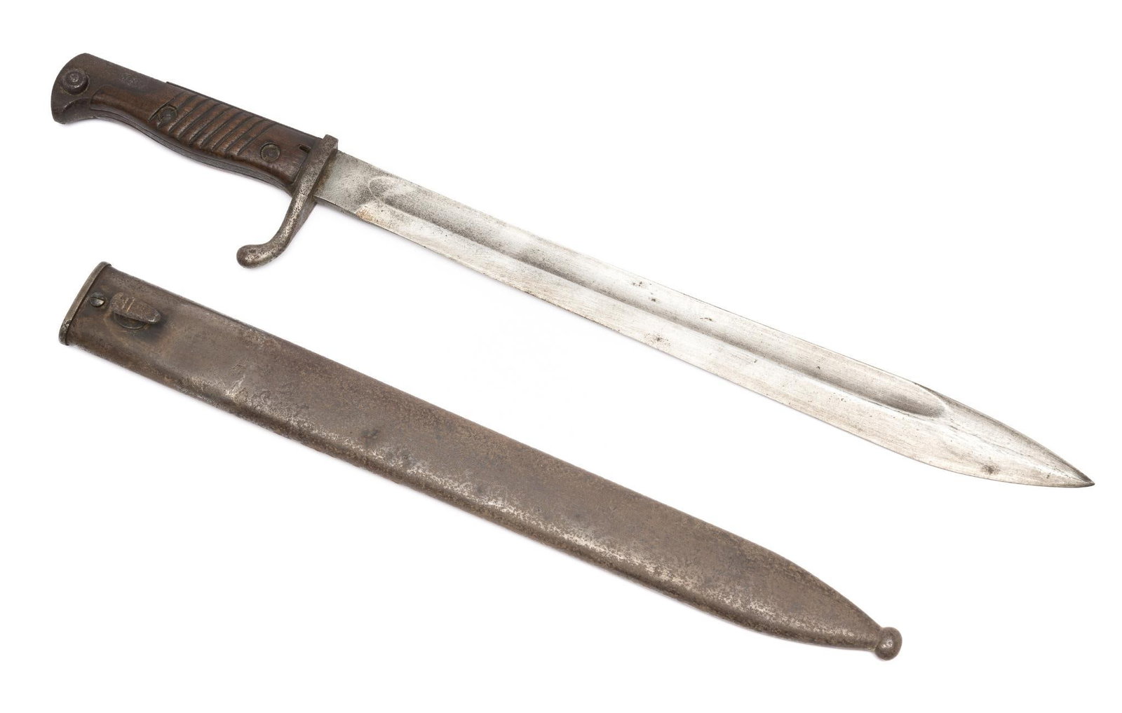 WWI German Butcher Bayonet w/ Scabbard: DESCRIPTION: Blade marked Dufkopp-Werde A.G. 1916 dated. MEASUREMENT: Overall with scabbard 20-1/2" long. CONDITION: Rust overall consistent with age.