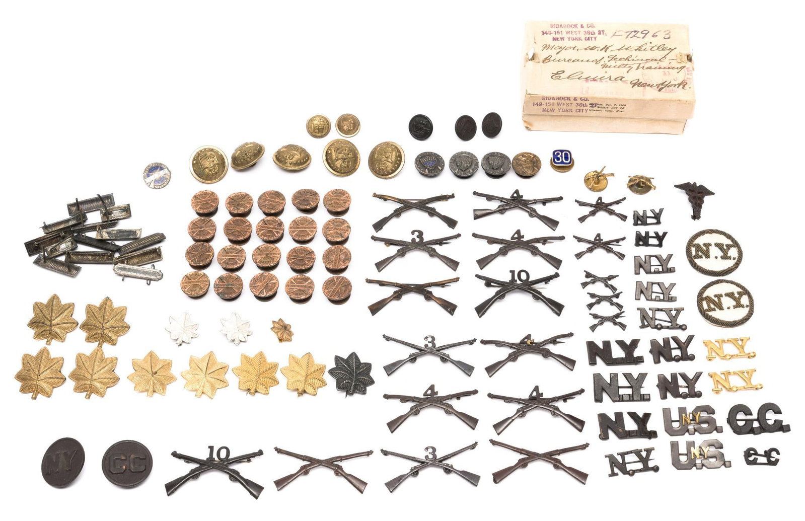 Large Grouping of World War I Ensignas and Medals: DESCRIPTION: Includes silver bars (some sterling), gold and silver oak leaves, copper Winchester Junior Rifle Corps Pins, New York medals, NRA medals, and more. CONDITION: overall good. PROVENANCE: Be