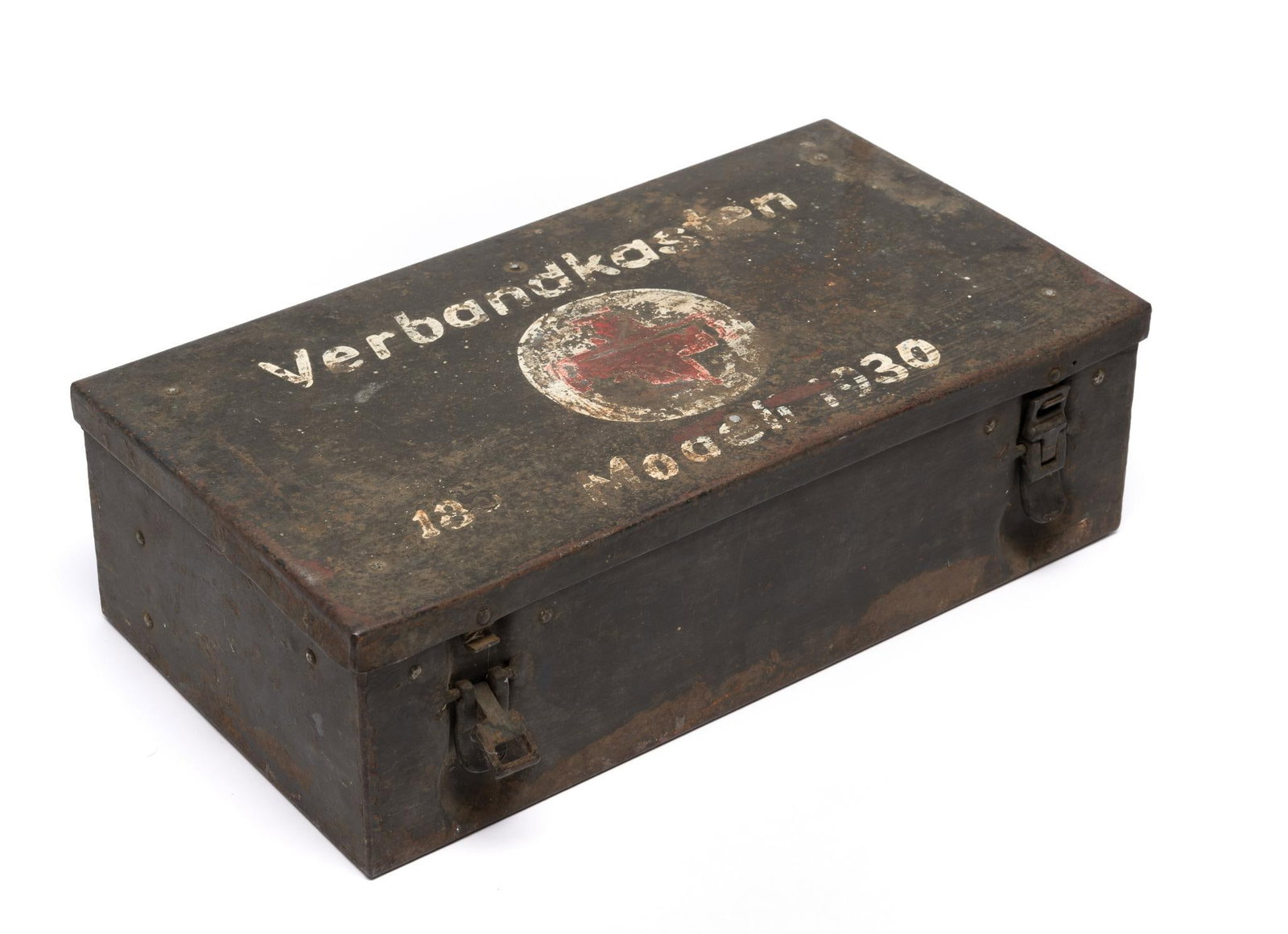 Wehrmacht Original Vehicle First Aid Kit: DESCRIPTION: First aid kit with some of the original first aid items. MEASUREMENTS: 13-3/4" wide x 7-1/4" deep x 4" high. CONDITION: Rust to case. Losses to instructions on inside of lid.