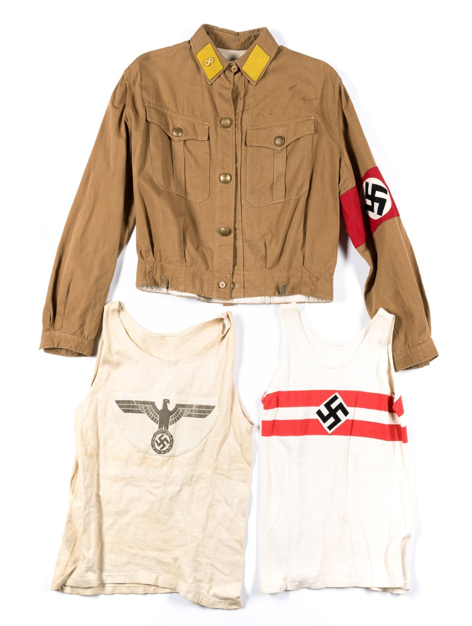 3 World War II German Hitler Youth Articles of Clothing: DESCRIPTION: (2) Hitler Youth Tanktops; (1) Hitler Youth Jacket. MEASUREMENTS: Small to medium CONDITION: Fade and staining from age and use.