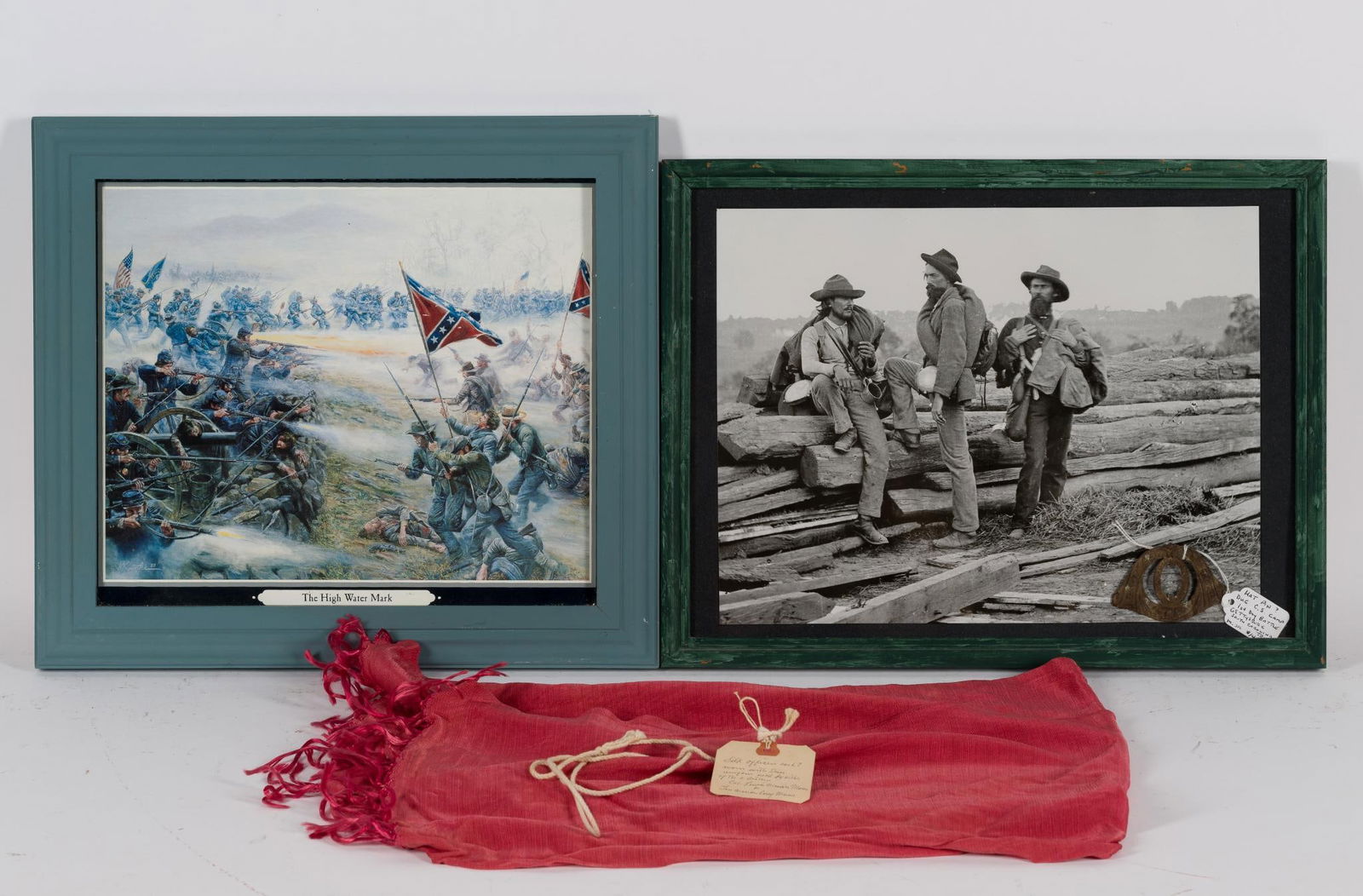 3 Civil War Artifacts & Prints: DESCRIPTION: 1) Silk officer's sash with tag stating it was worn by Brigadier General Marion Perry Maus as it was found in Maus House in Rockville, MD. 2) Hat pin with photograph with tag stating dug
