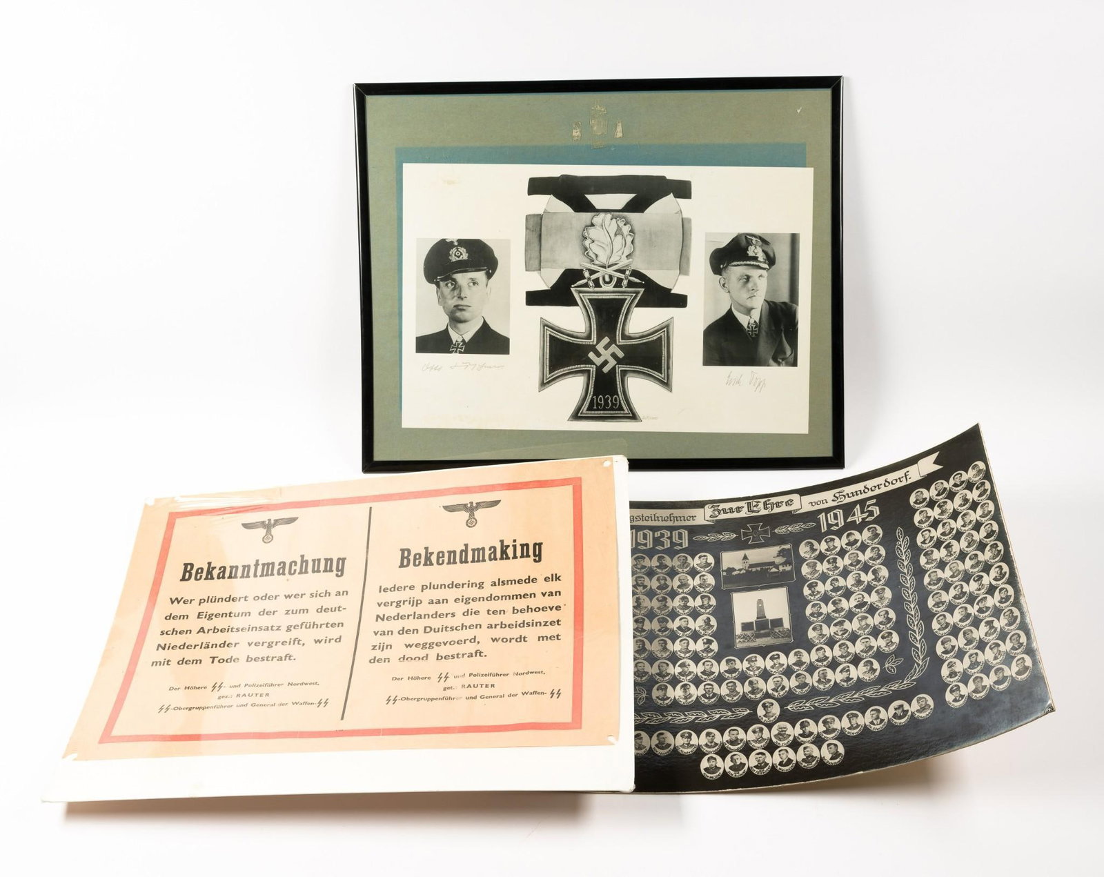 3 World War II German Posters Incl Signed: NOT ELIGIBLE FOR IN-HOUSE SHIPPING. DESCRIPTION: Includes German & Dutch poster detailing anti-plundering warnings, vintage print honoring German World War II soldiers for town, and signed poster of E