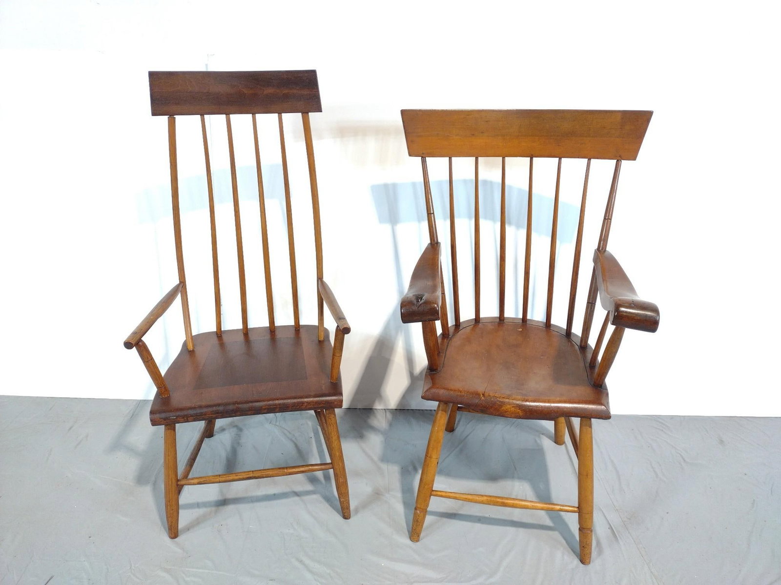 Two Plank Bottom Chairs: NOT ELIGIBLE FOR IN-HOUSE SHIPPING. 21" to 23" wide X 17-3/4" to 21" deep X 42" to 46" high. Both have some scratches.