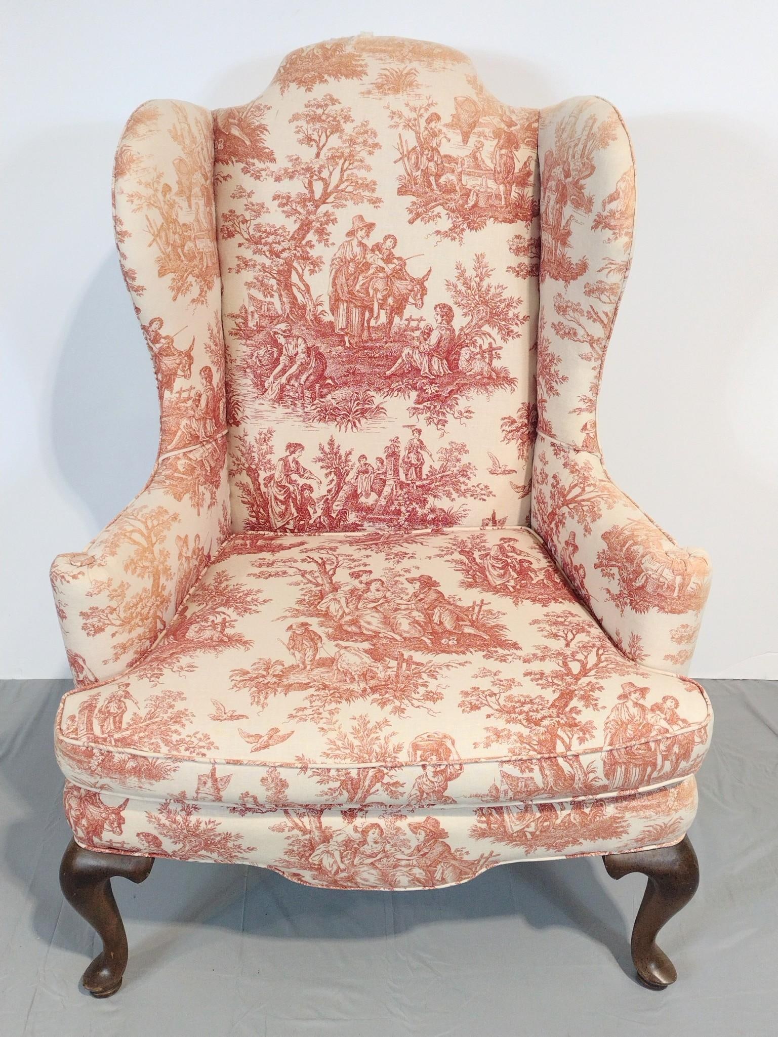 Figural Print Wingback Chair: NOT ELIGIBLE FOR IN-HOUSE SHIPPING. 31" wide X 25-1/2" deep X 44-1/2" high. Has sun fading. Also has small tear at top of backrest.