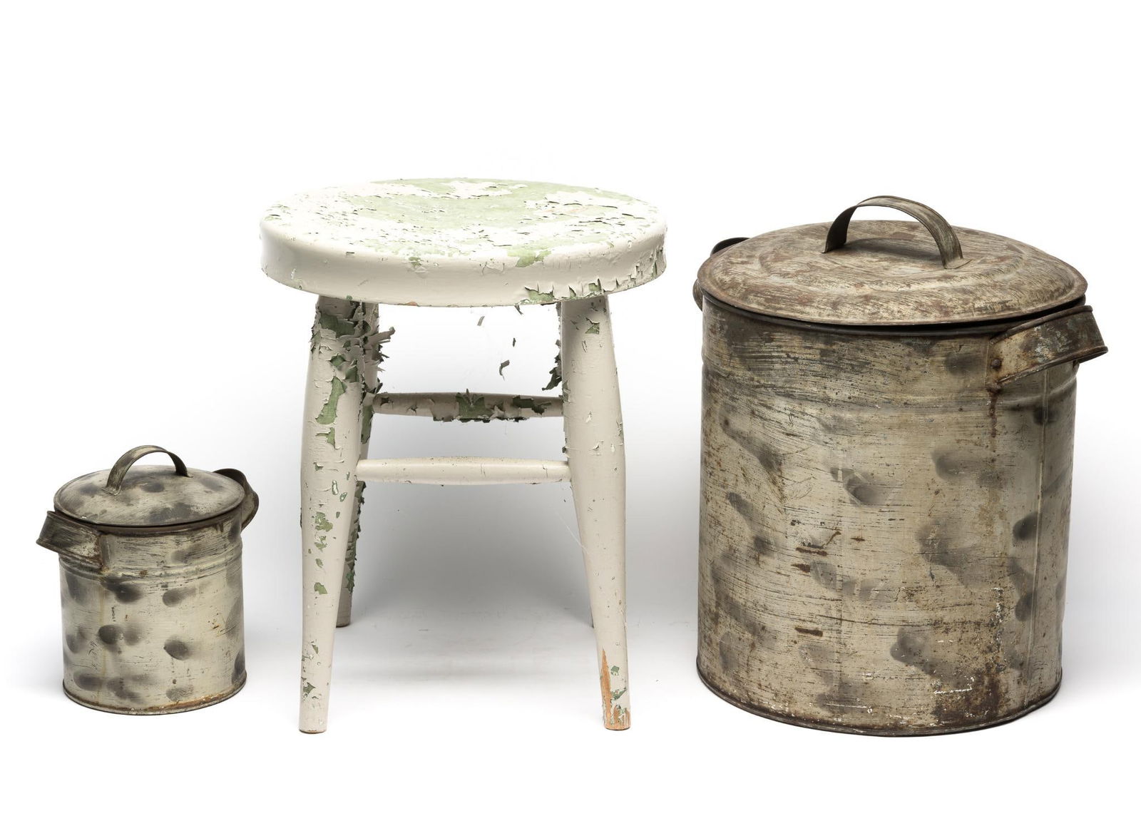 2 Metal Canisters and Painted Milking Stool (1 of 4)