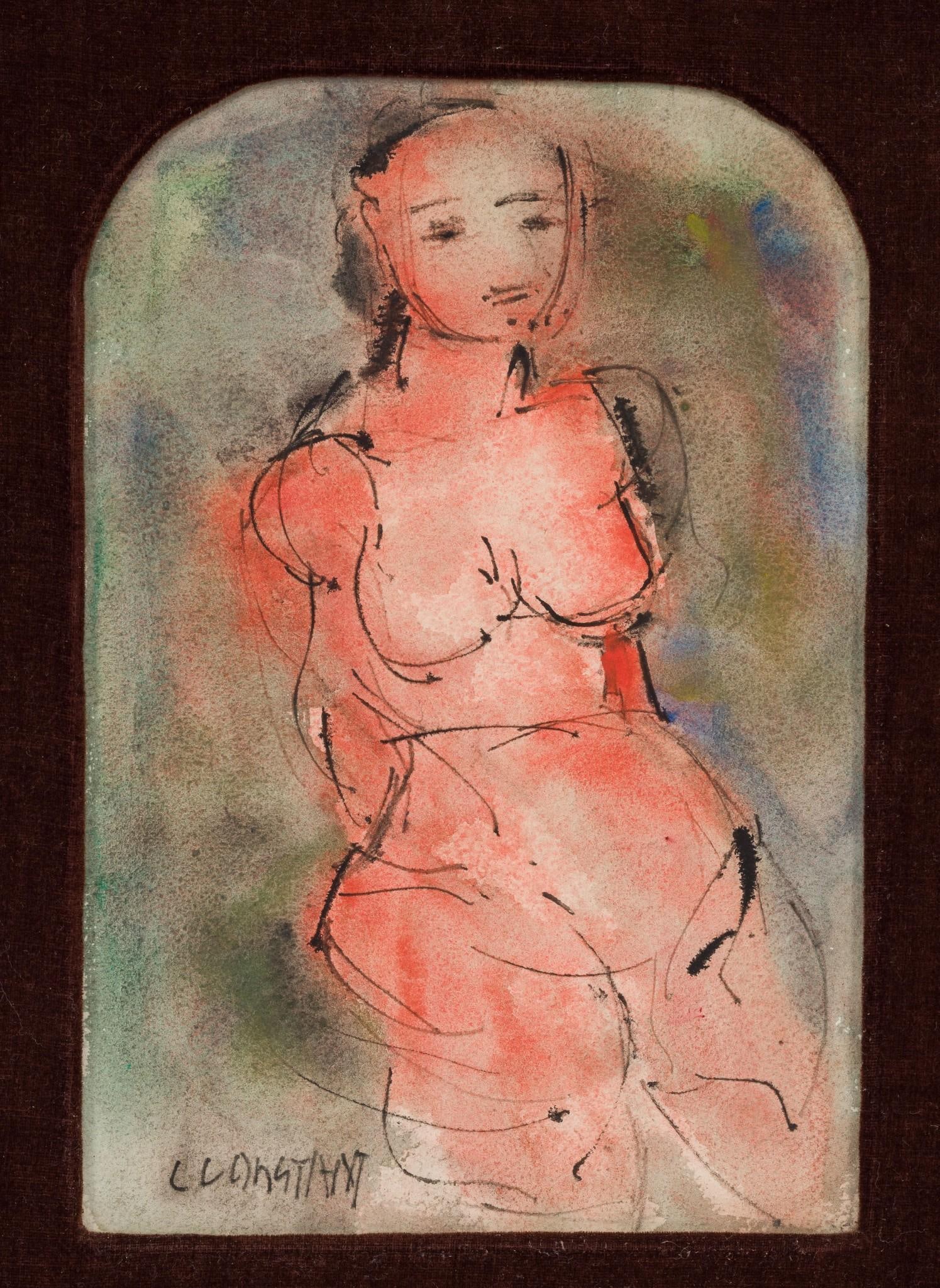 Attributed George Constant Nude Print on Board: NOT ELIGIBLE FOR IN-HOUSE SHIPPING. George Zachary Constant (1892 - 1978) was active/lived in New York. George Constant is known for Modernist figure, still life paintings, prints. Sight: 10-1/2" high
