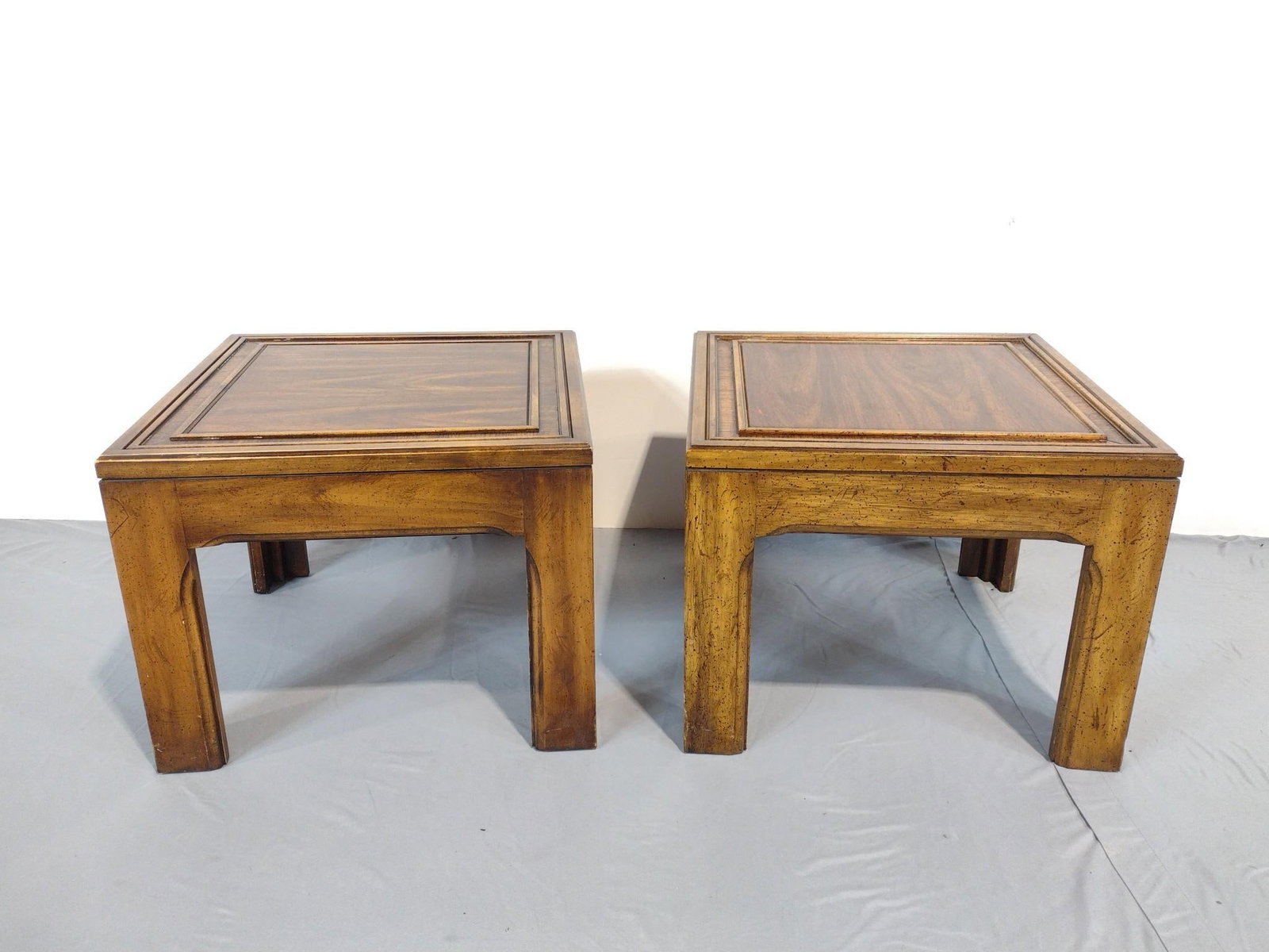 Pair Of End Tables: NOT ELIGIBLE FOR IN-HOUSE SHIPPING. 20" wide X 20" deep X 15-1/2" high. No manufactures name found.