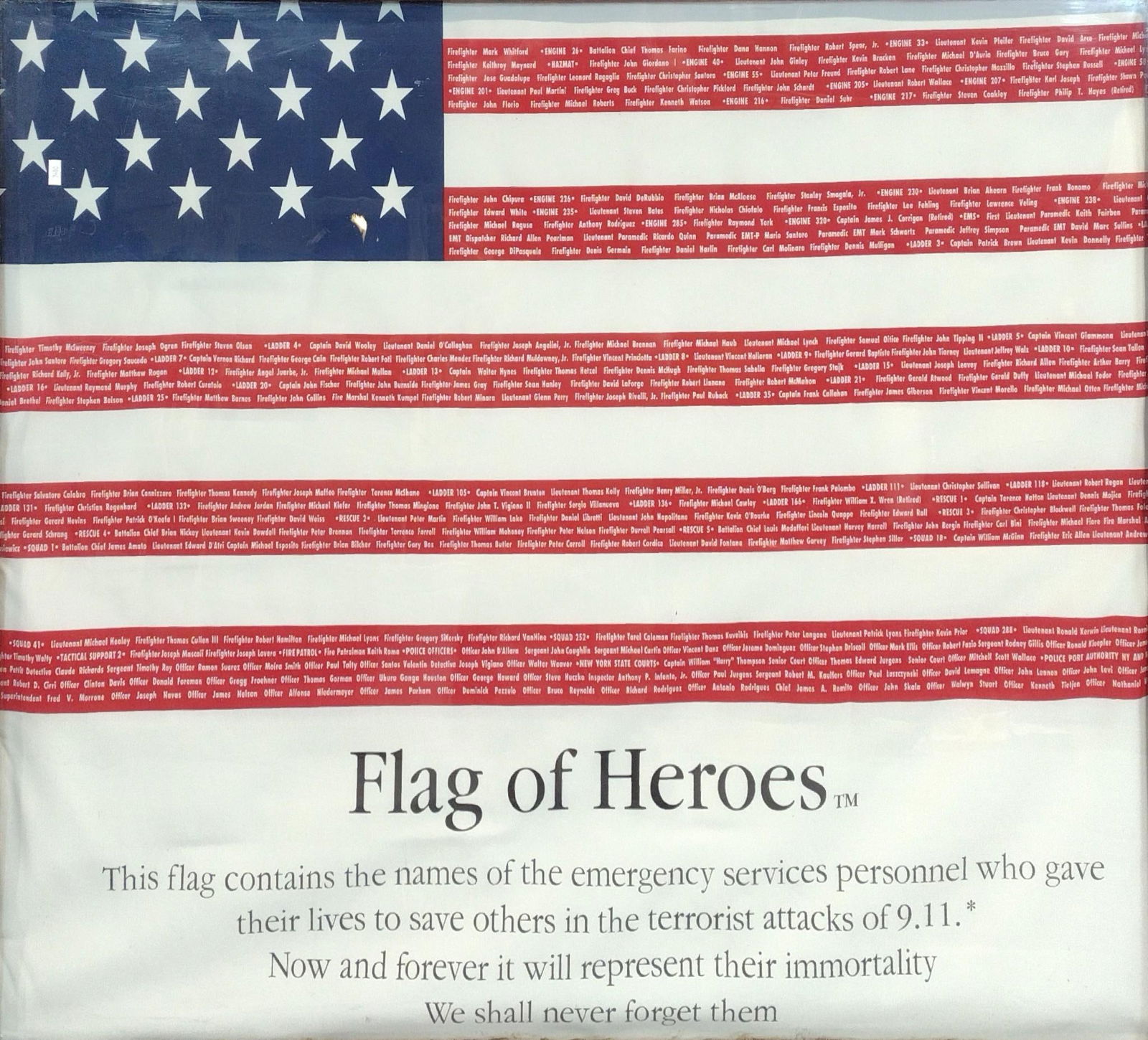 Framed 9/11 Memorial Flag: NOT ELIGIBLE FOR IN-HOUSE SHIPPING. Sight 33-1/2" high x 43" wide. Overall with frame 37-1/2" high x 48-3/4" wide.