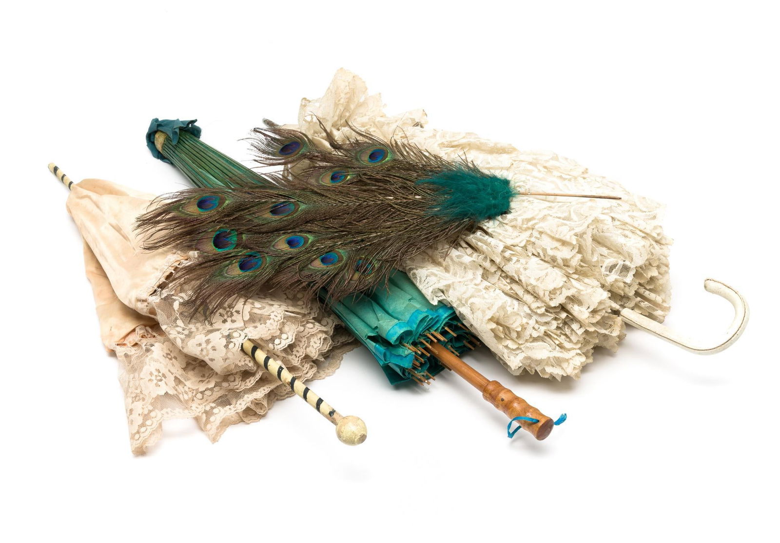 3 Antique Parasols and 1 Peacock Feather Fan (1 of 5)