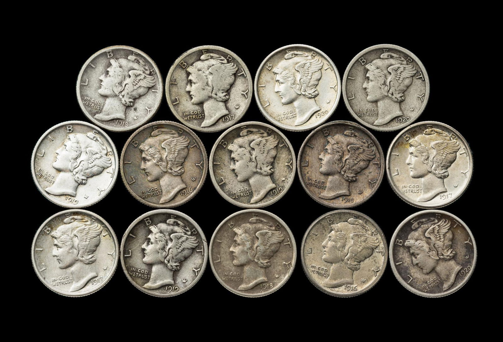 Fourteen Early Mercury Silver Dimes Better Grades (1 of 2)