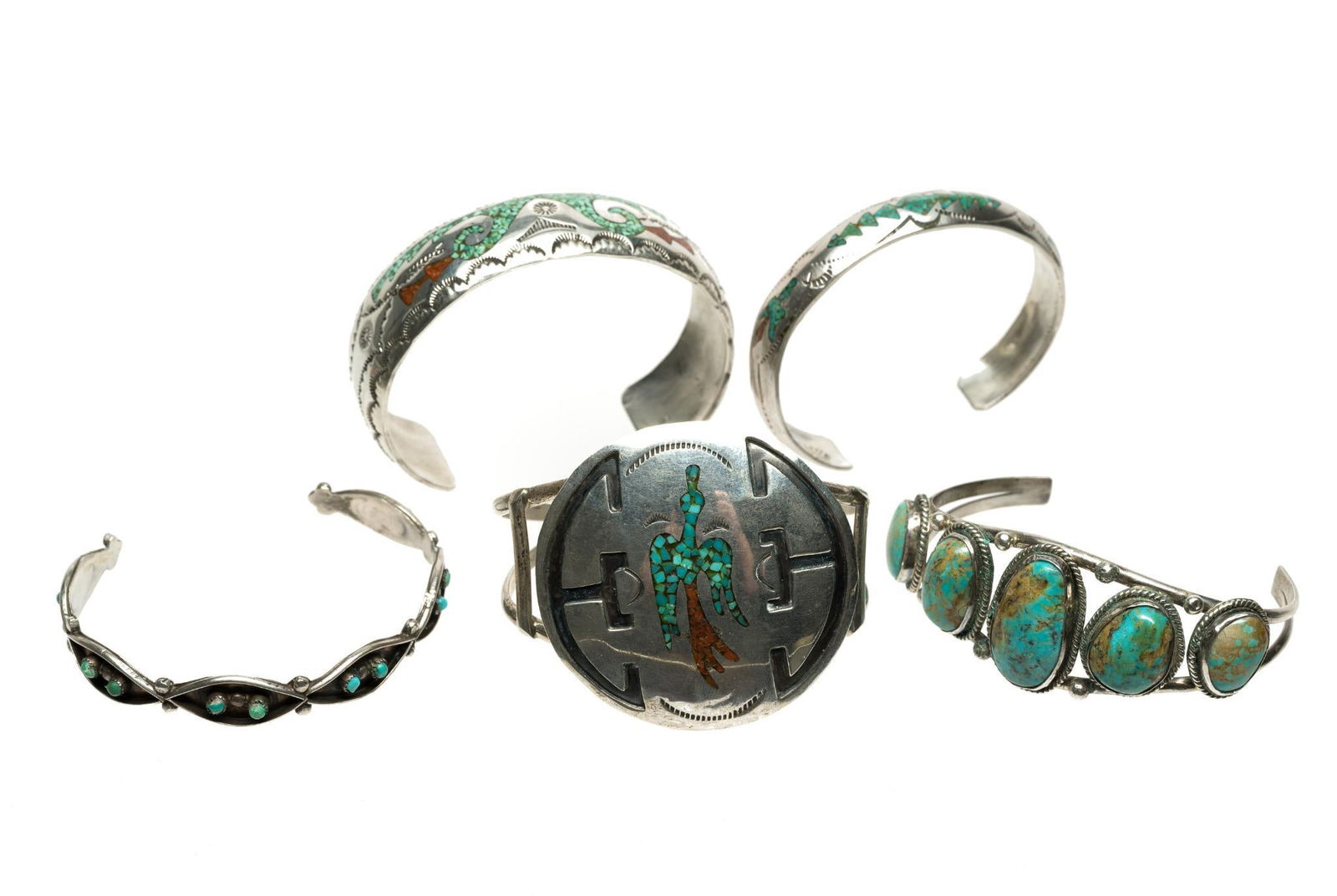 Five Native American Sterling Silver Cuff Bracelets With Turquoise (1 of 12)