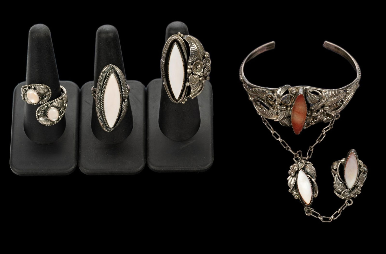 Native American Cuff Bracelets and Rings Sterling Silver: Les Baker Navajo bracelet with missing center-stone. Chain connects to a hand a hand jewelry piece and a ring. Size 6 1/2 ring and 2 1/2 inner horizontal diameter to the cuff with 1 1/8" opening. Thre