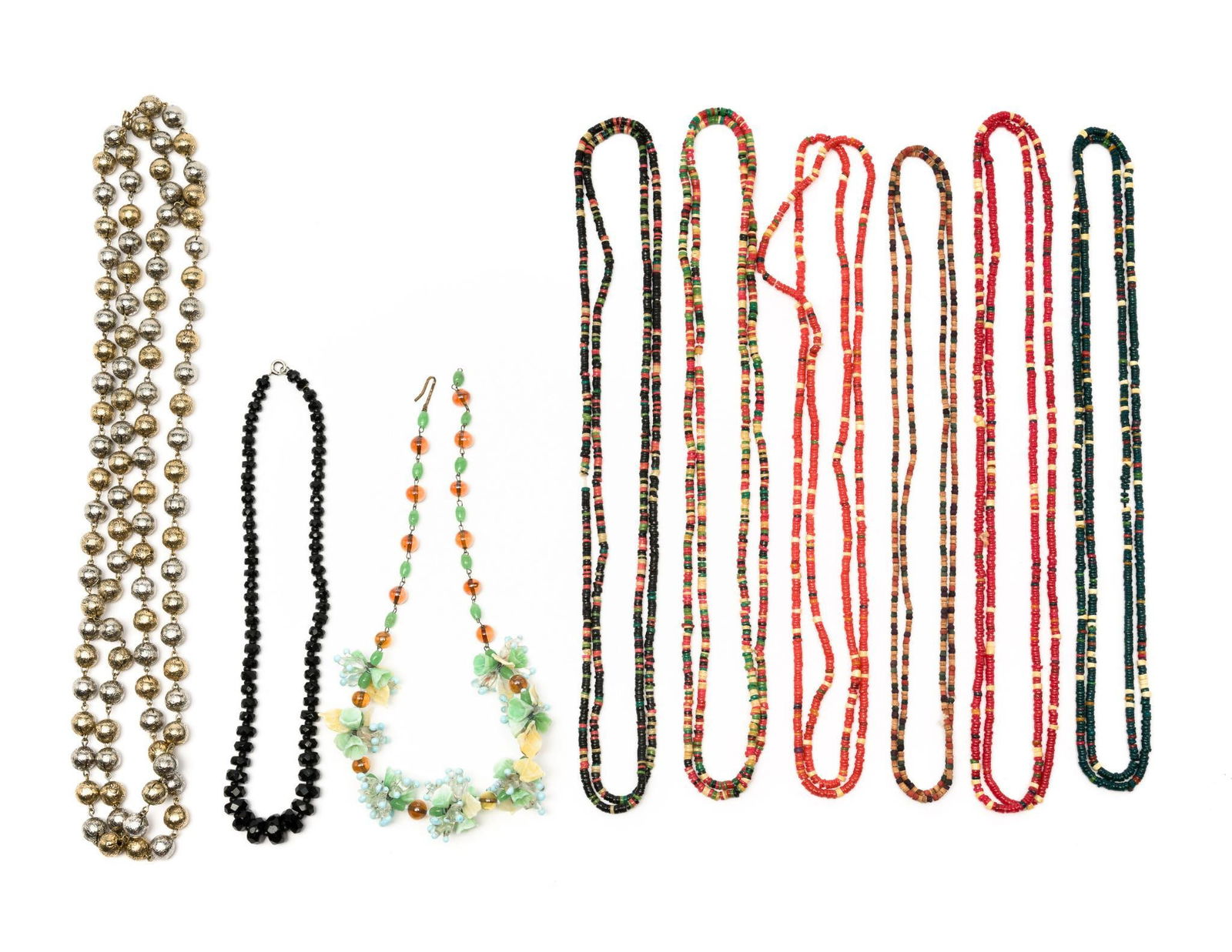 9 Costume Beaded Necklaces: 8-1/4" to 26" long. One missing clasp.