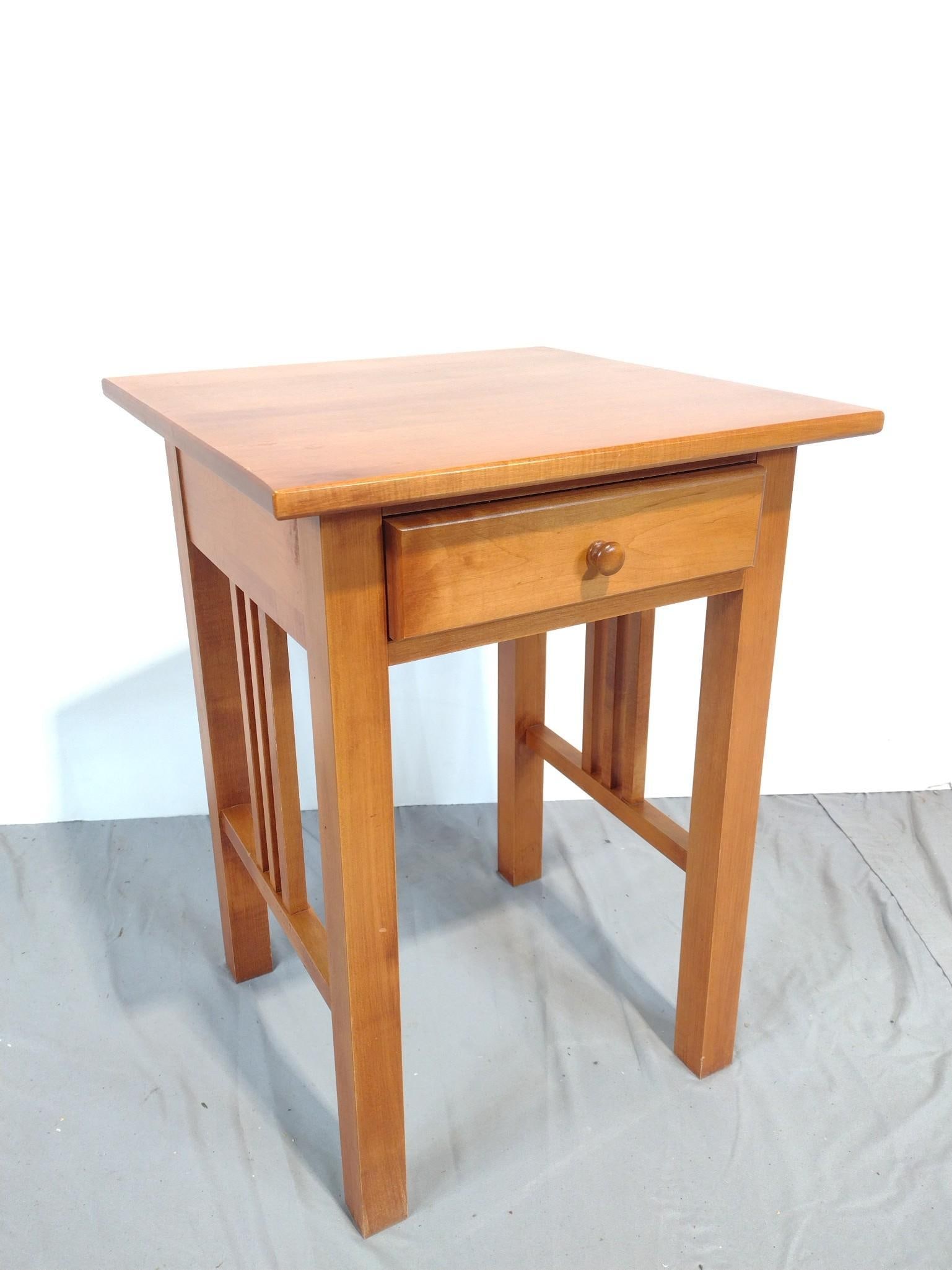 Single Drawer Work Table: NOT ELIGIBLE FOR IN-HOUSE SHIPPING. 19-1/2" wide X 19-1/2" deep X 26-1/2" high. Has some light scratches. No manufactures name found.