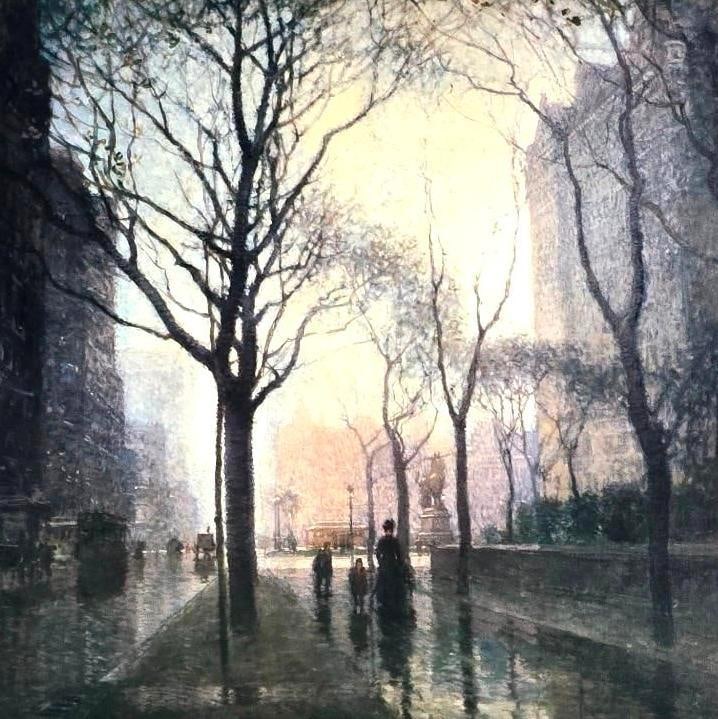 Paul Cornoyer "The Plaza After The Rain" Print: NOT ELIGIBLE FOR IN-HOUSE SHIPPING. Sight: 18-1/4" high x 18-1/4" wide. Overall with frame: 31-3/4" high x 31-3/4" wide.