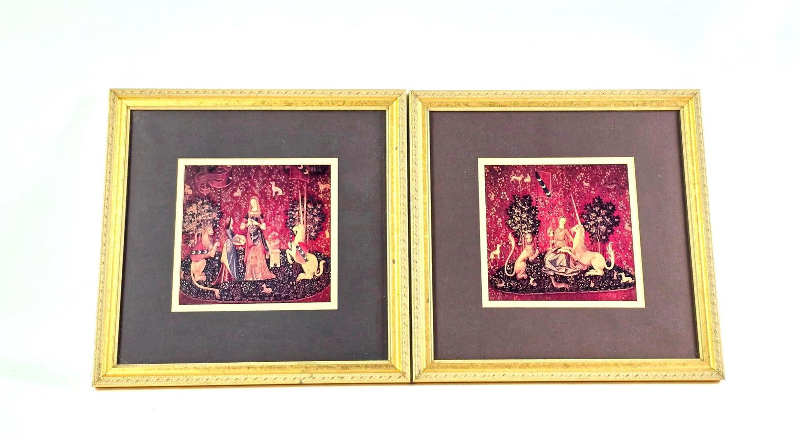 2 Lady and Unicorn Prints: NOT ELIGIBLE FOR IN-HOUSE SHIPPING. Sight: 7" high x 7-1/2" wide. Overall with frame: 15" high x 15" wide.