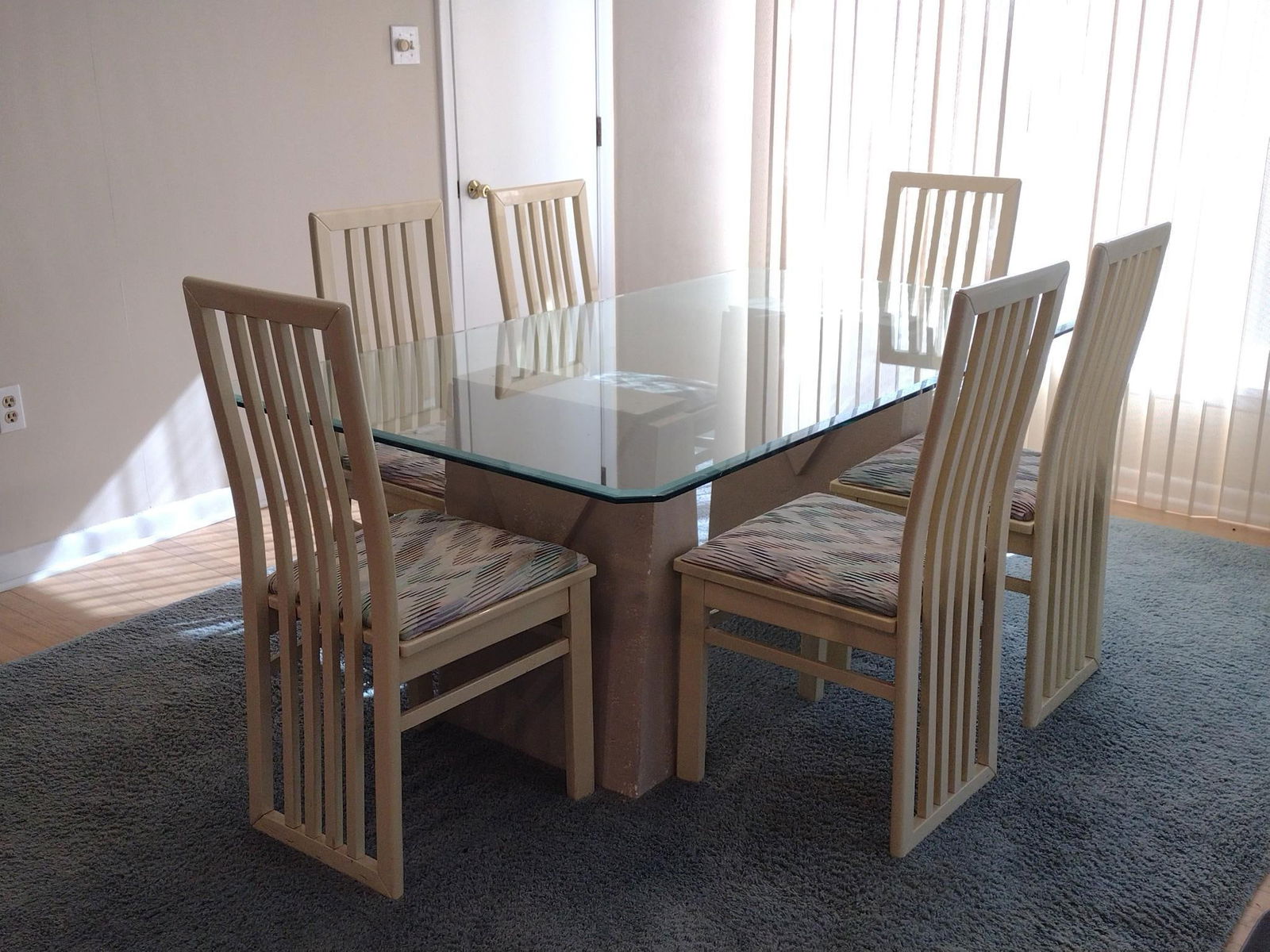 Modern Glass Top Table With Chairs: THIS LOT MUST BE PICKED UP IN LEMOYNE, PA BY APPOINTMENT ONLY. LOCATED ON FIRST FLOOR. NOT ELIGIBLE FOR IN-HOUSE SHIPPING. Table 72" wide X 42" deep X 28" high. Table base has a few chips. Chairs 18"