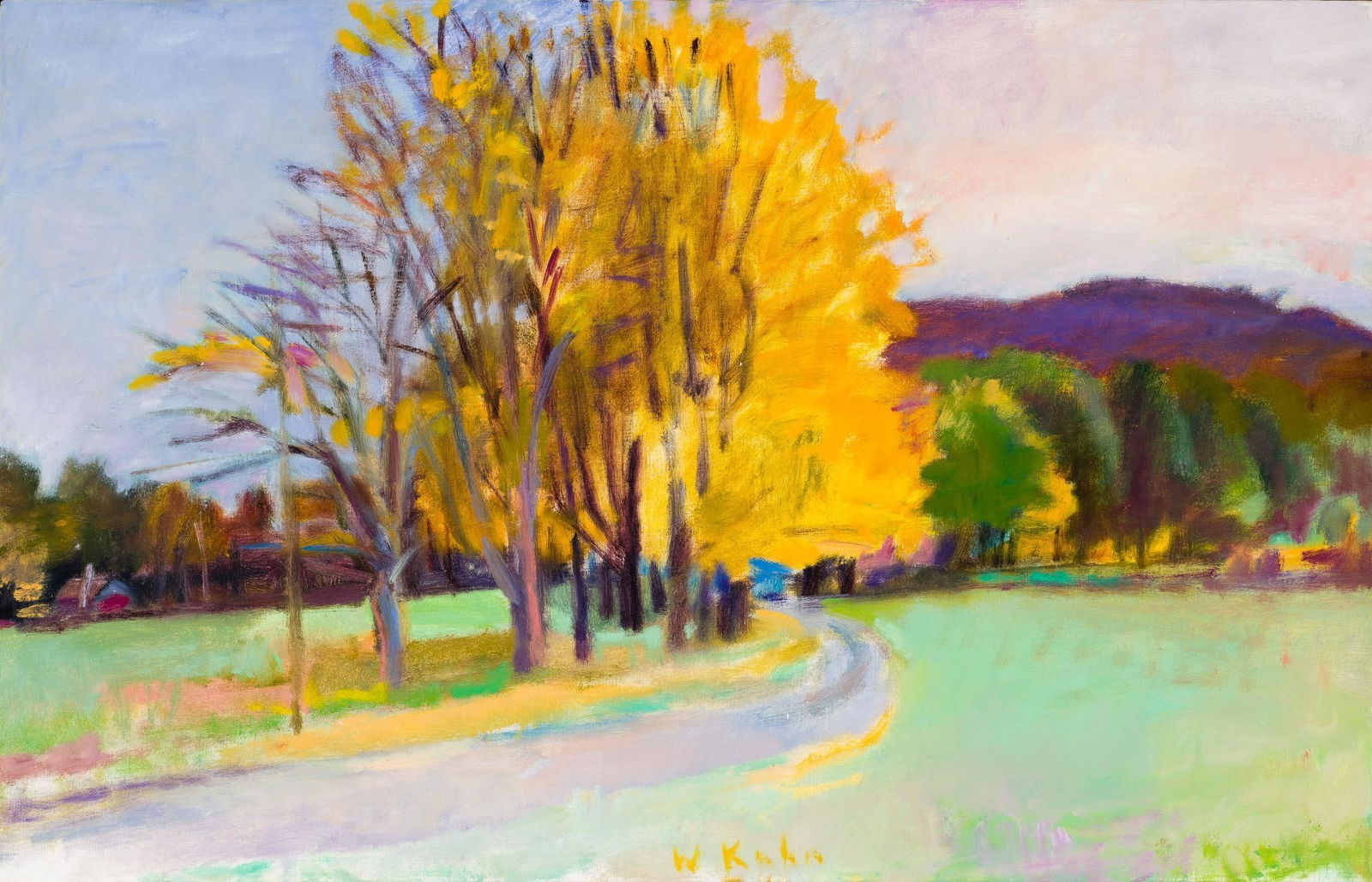 Wolf Kahn Oil On Canvas 28" X 44" Painting: NOT ELIGIBLE FOR IN-HOUSE SHIPPING. DESCRIPTION: A New England hillside landscape by Wolf Kahn (1927 - 2020). The painting is dated 1986 to the stretcher, canvas, and gallery tag. Original framing is