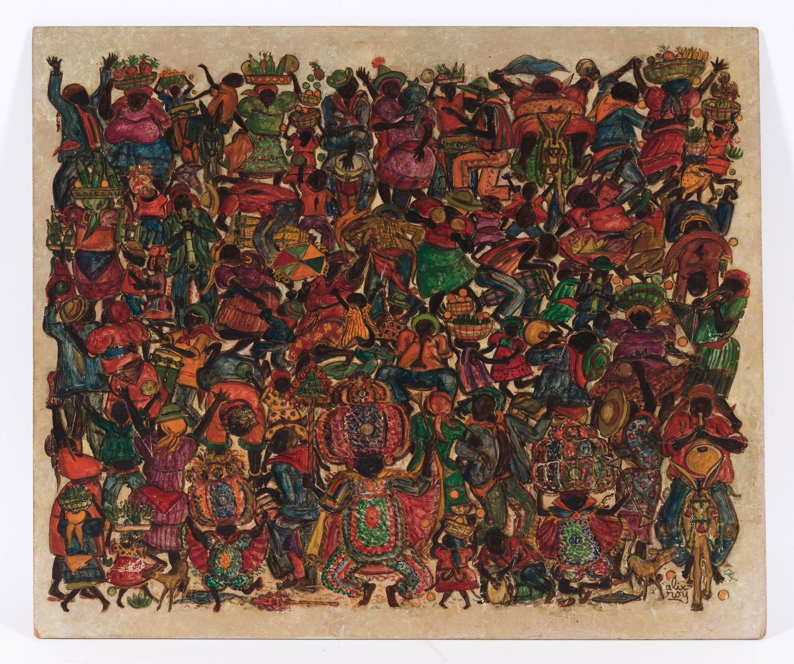 Alix Roy Market Scene Painting: NOT ELIGIBLE FOR IN-HOUSE SHIPPING. DESCRIPTION: Alix Roy market scene painting on panel. Alix Roy is a Haitian artist famous for his paintings on children. He was born on April 8, 1930 in Port au Pri