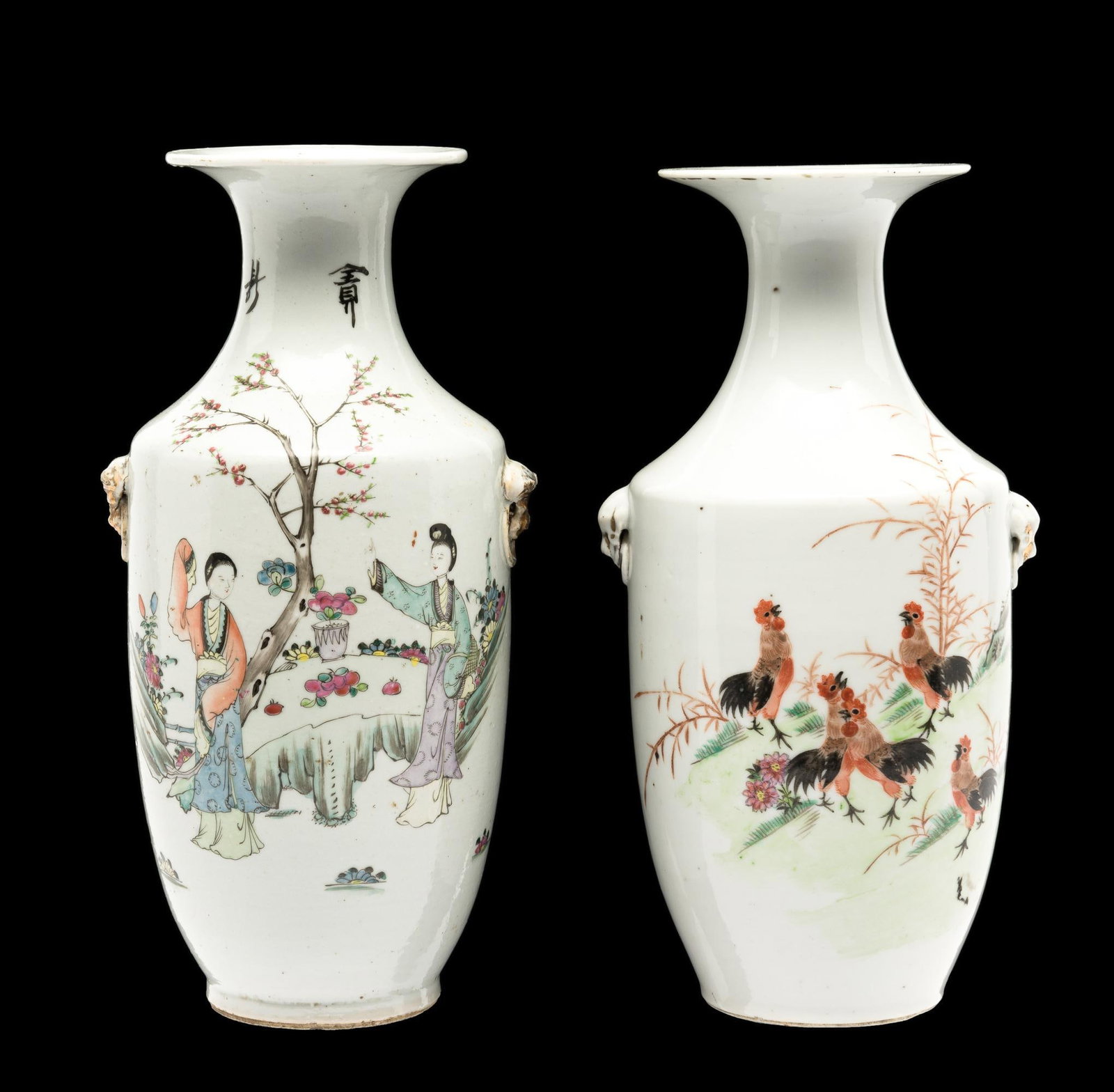 2 Asian Famille Rose Porcelain Vases: DESCRIPTION: Decorated with roosters and a outdoor scene. Both with writing on the reverse. Mark on the bottom. MEASUREMENTS: 4-1/4" wide x 9-1/4" high. CONDITION: Loss to gold paint to bottom of rim.