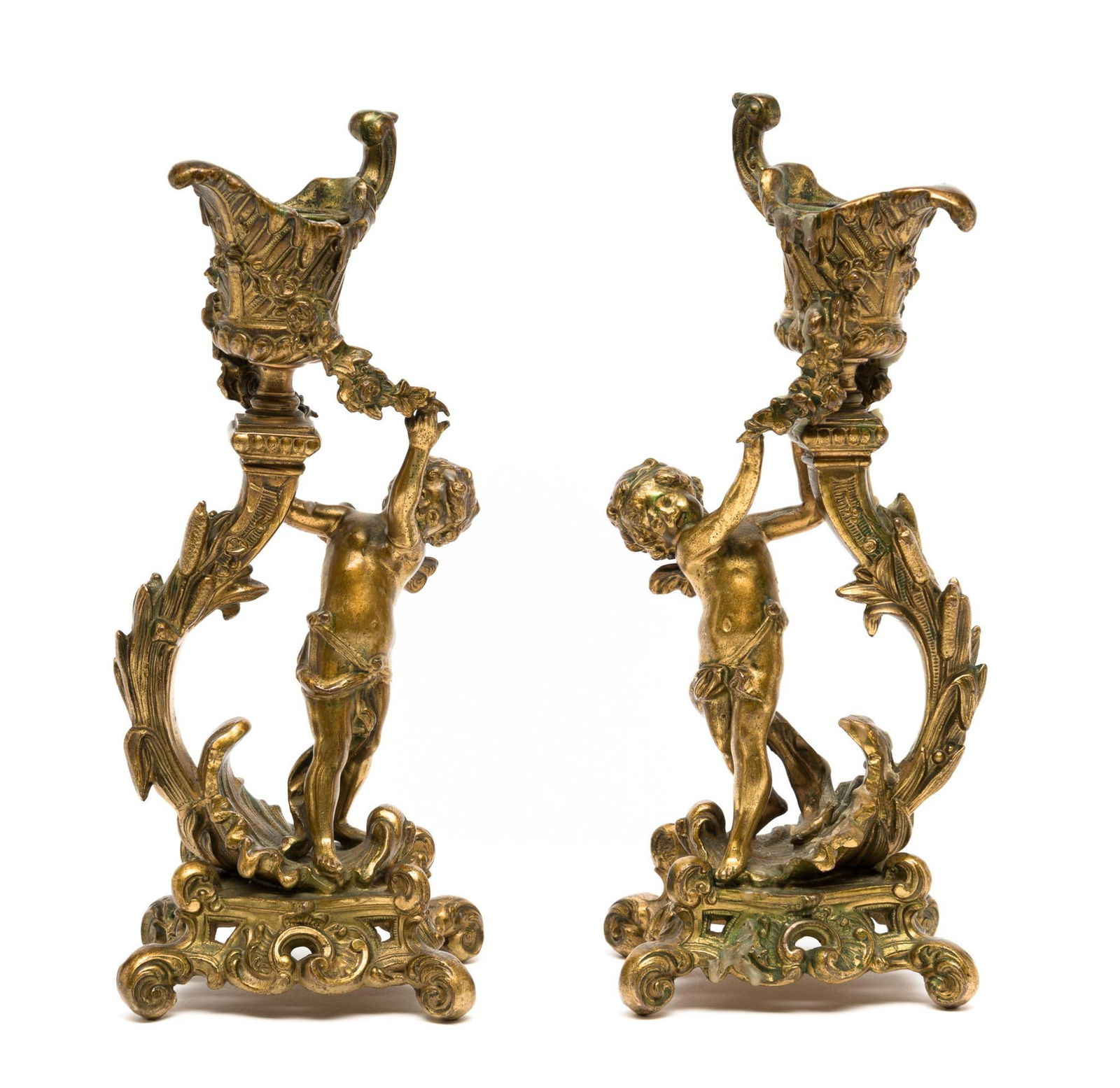Pair of Antique French Gilt Bronze Putti Figural Candlesticks (1 of 4)