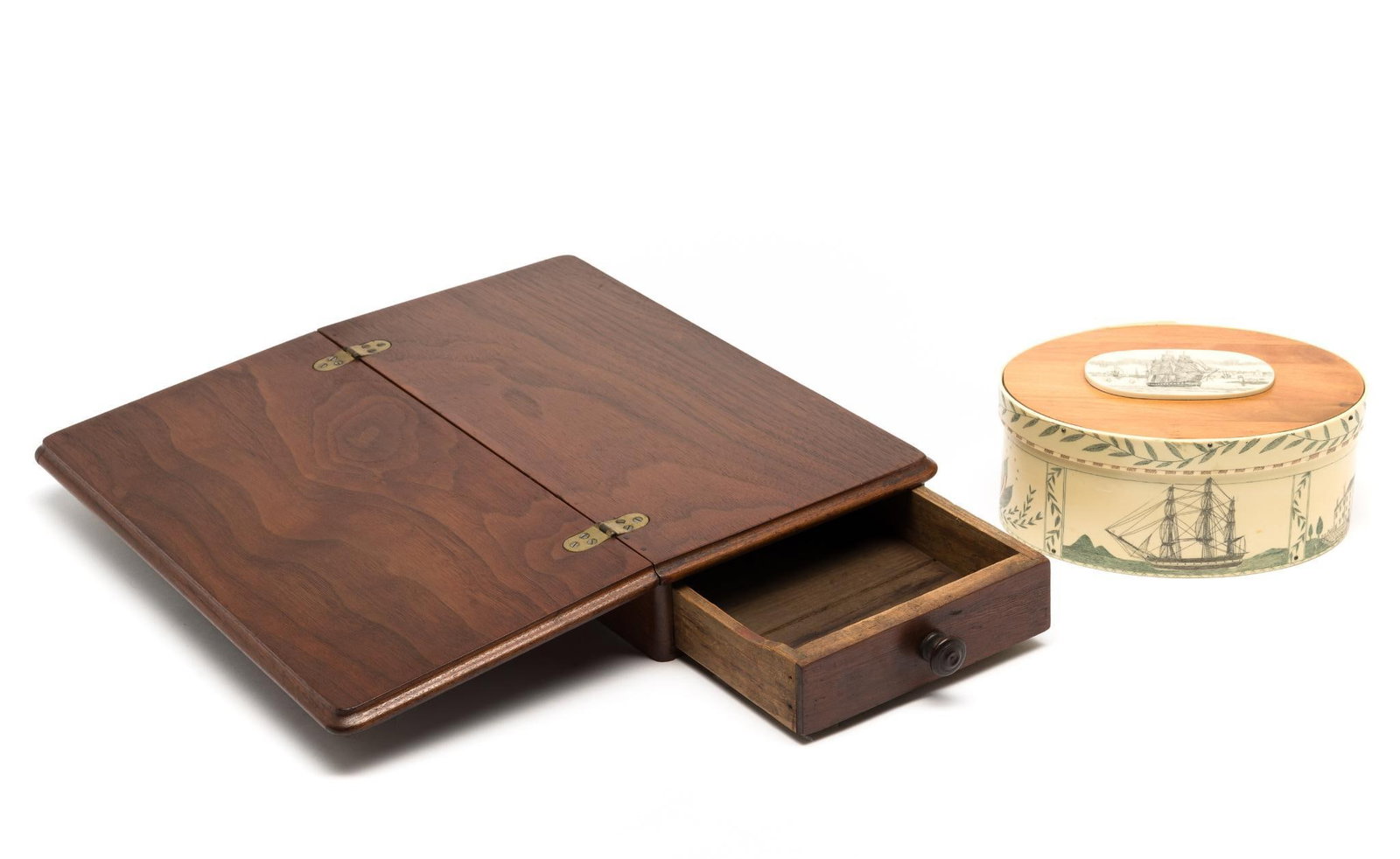 Scrimshaw Style Box and Wood Drawer Box w/ Flip Top: Scrimshaw style: made of wood and resin. 8" wide x 6" deep x 3-3/4" high. Wood drawer style box with flip top: 7-1/2" wide x 15-1/4" deep x 3" high.