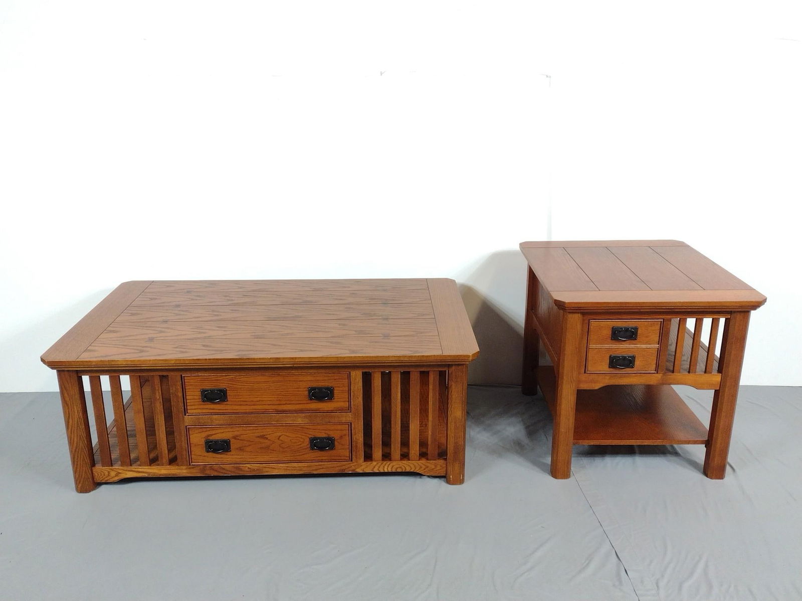 Mission Style Coffee Table & End Table: NOT ELIGIBLE FOR IN-HOUSE SHIPPING. Coffee Table 50" wide X 30" deep X 18" high. End the 24" wide X 28" deep X 24" high. No manufactures name found.