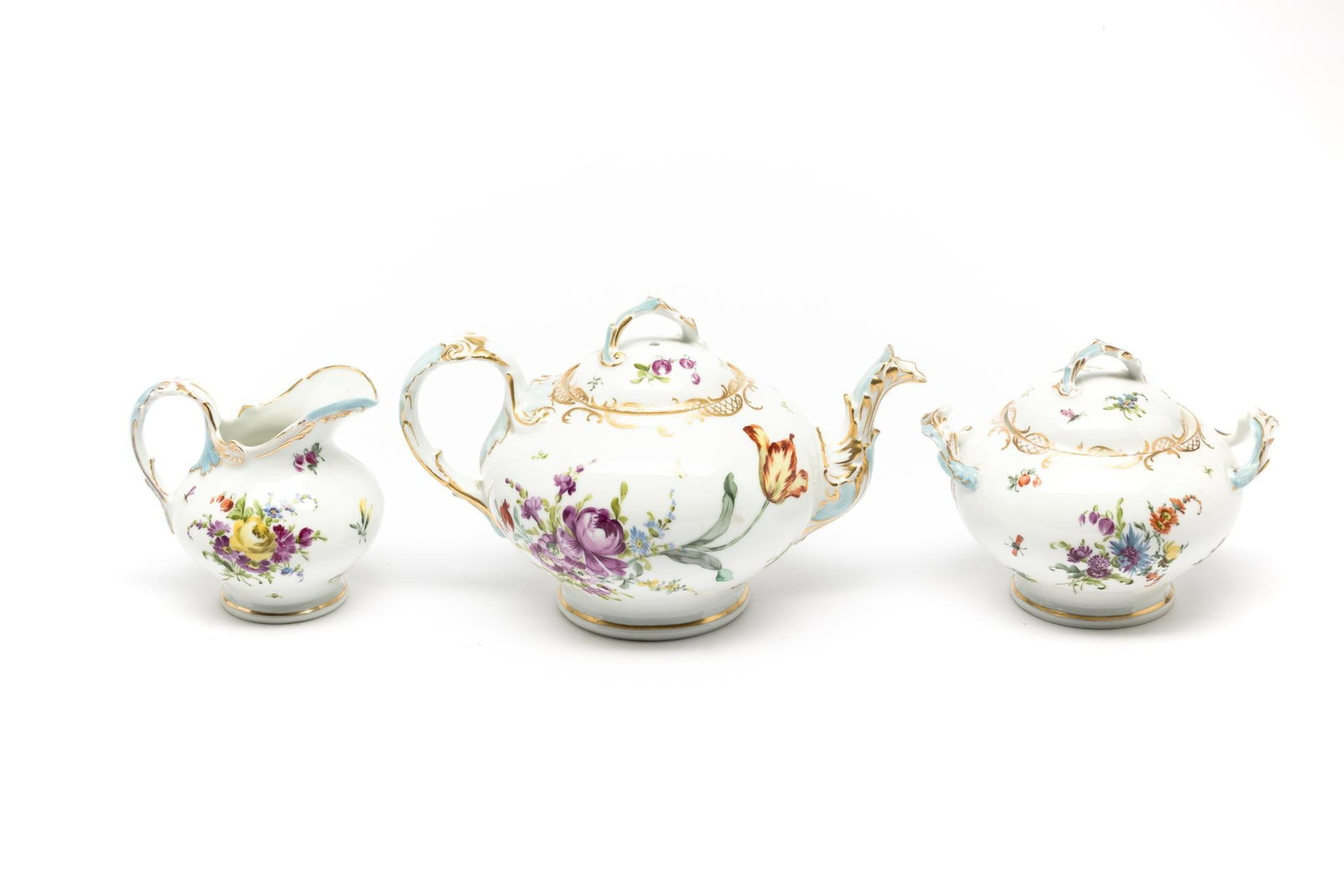 3 Pc T & V French Tea Service: Sugar bowl: loss to inside rim. Tea pot lid: loss to inside stopper tab. 4-1/2" to 6-1/2" high.