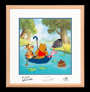 "Pooh's Hunny Hunt" Ltd Ed Sericel: NOT ELIGIBLE FOR IN-HOUSE SHIPPING. Lower left: edition size 5,000. Signed by Piglet (John Fiedler) and Tigger (Paul Winchell). Certificate of authenticity included. Sight: 15-1/4" high x 14" wide. Ov