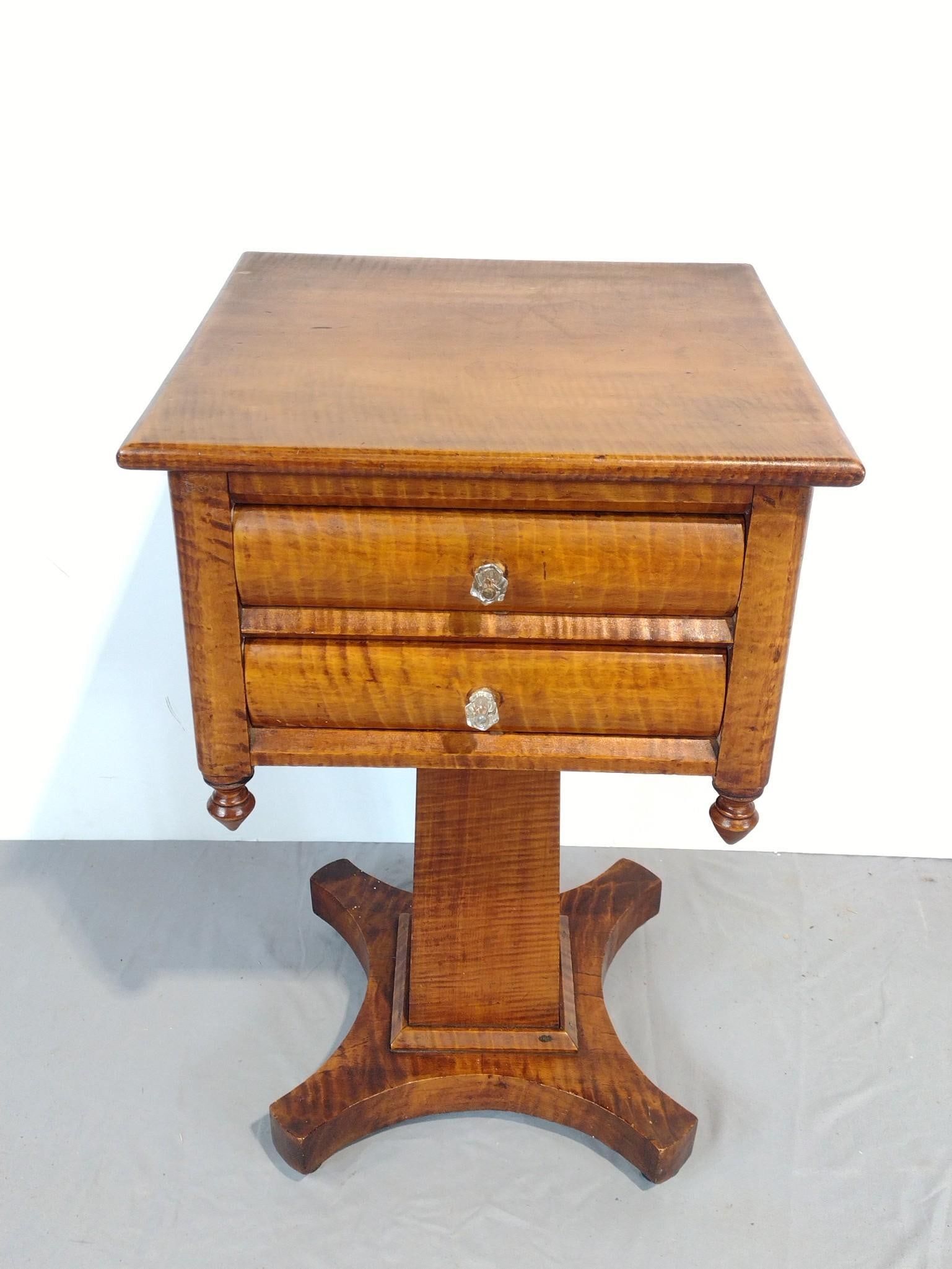 Antique Two Drawer Table W/ Glass Drawer Pulls: NOT ELIGIBLE FOR IN-HOUSE SHIPPING. 18" wide X 17-1/2" deep X 29" high. Has some light scratches.